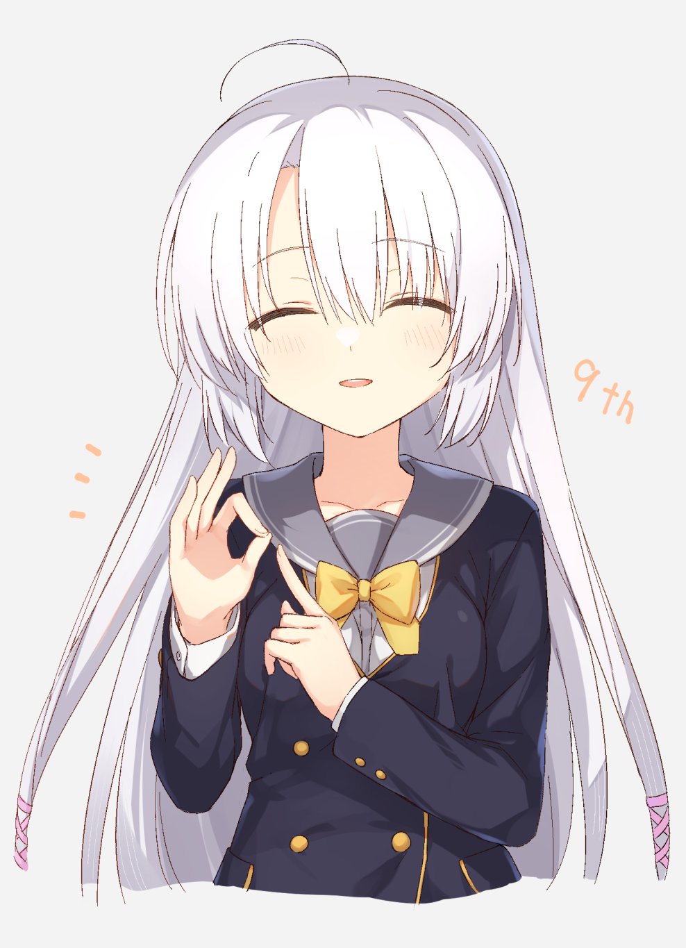 1girl ^_^ ahoge ayachi_nene black_jacket blush closed_eyes cofetaru commentary cropped_torso facing_viewer grey_hair grey_sailor_collar hair_between_eyes hair_ribbon hands_up happy highres index_finger_raised jacket long_hair long_sleeves notice_lines ok_sign open_mouth pink_ribbon ribbon sailor_collar sanoba_witch school_uniform serafuku sidelocks smile solo straight-on straight_hair upper_body very_long_hair