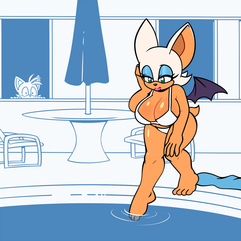 1:1 anthro bat big_breasts bikini breasts canid canine cleavage clothed clothing duo female fox furniture hyoumaru looking_at_another male mammal miles_prower peeping pool_chair rouge_the_bat sega sonic_the_hedgehog_(series) swimming_pool swimwear table towel umbrella water window wings