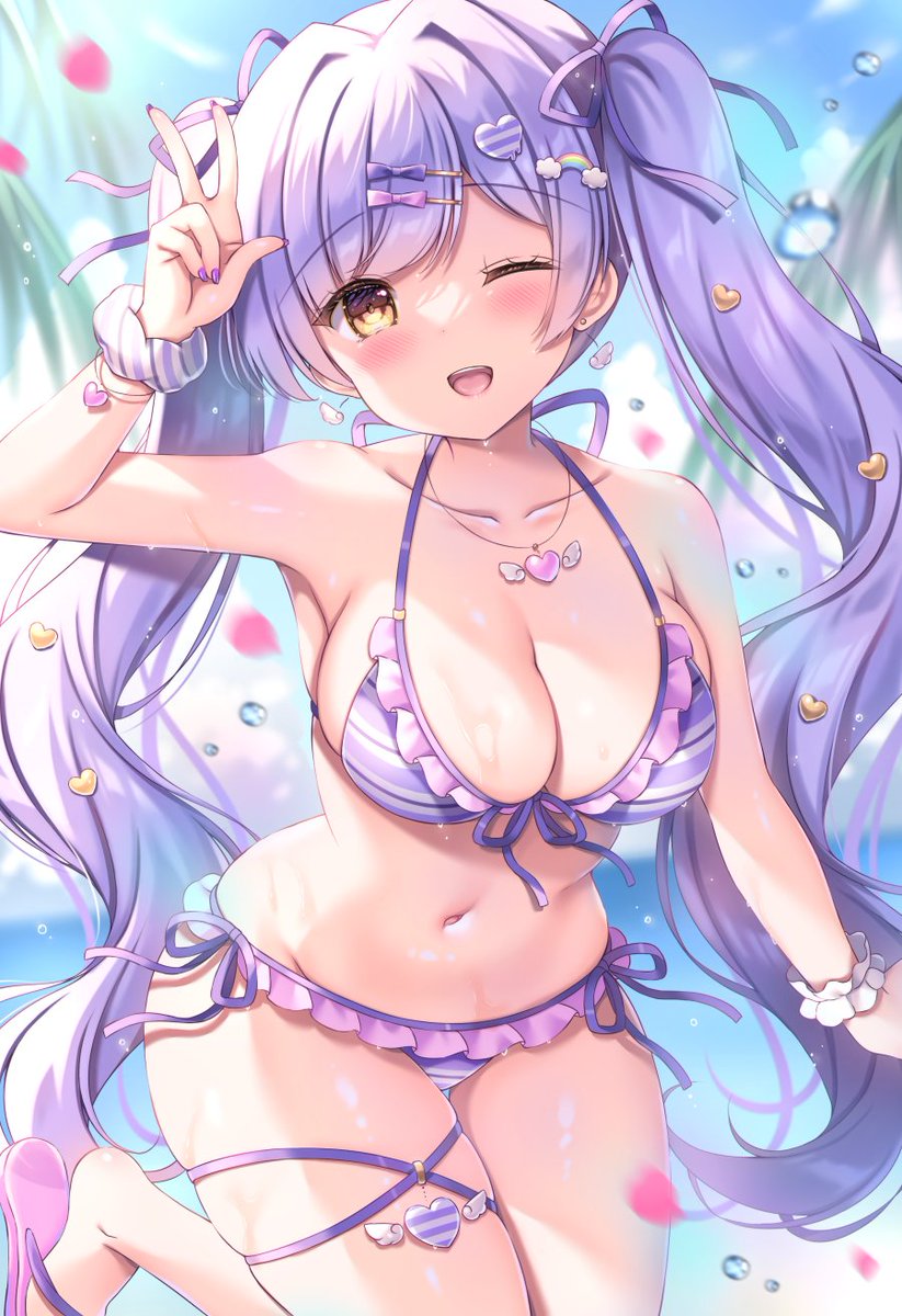 1girl ;d arm_at_side bikini blurry blurry_background blush bracelet breasts cleavage collarbone cowboy_shot day foot_up frilled_bikini frills hair_intakes hair_ribbon hand_up highres horizon huge_breasts jewelry kouta. legs_together nail_polish navel one_eye_closed open_mouth original outdoors purple_bikini purple_hair purple_nails purple_ribbon ribbon sandals scrunchie side-tie_bikini_bottom smile solo stomach string_bikini striped_bikini striped_clothes swimsuit teeth thick_thighs thighs twintails upper_teeth_only w wrist_scrunchie yellow_eyes