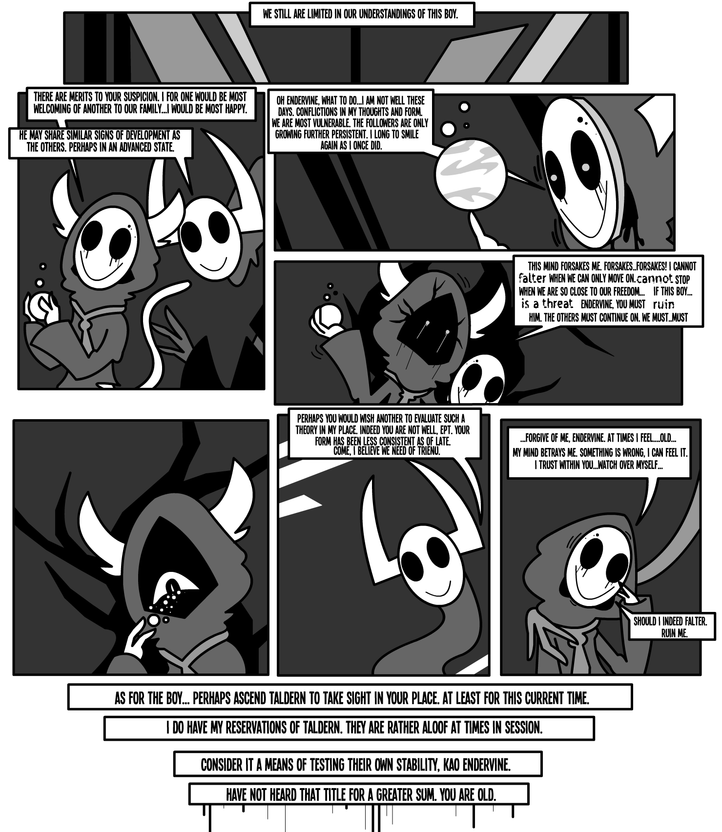 ambiguous_form ambiguous_gender animal_humanoid black_sclera bodily_fluids border clothed clothing comic dialogue duo endervine english_text fluffy_ears greyscale hi_res holding_orb horn humanoid long_arms long_neck mask monochrome monster motion_lines necktie orb robe shadow_face shane_frost smile speech_bubble tail tears text white_border