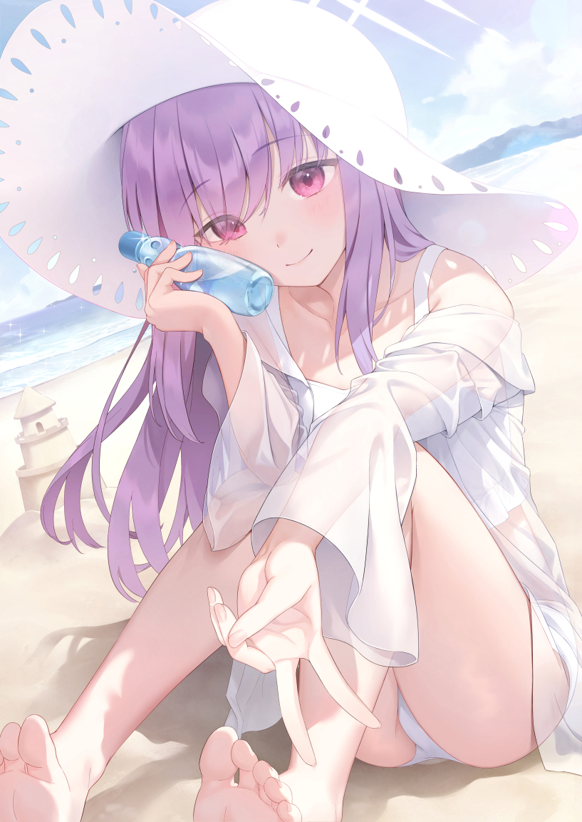 1girl atsuko_(blue_archive) atsuko_(swimsuit)_(blue_archive) barefoot beach blue_archive bottle bottle_to_cheek closed_mouth cloud collarbone day dot_nose feet full_body gyaru_v halo hat holding holding_bottle long_hair long_sleeves looking_at_viewer ocean official_alternate_costume outdoors outstretched_arm panties pantyshot pink_eyes purple_hair ruien_(wu_jui-en) sand sand_castle sand_sculpture see-through see-through_shirt shirt sidelocks smile soles solo straight_hair sun_hat tank_top toes underwear v white_headwear white_panties white_shirt white_tank_top