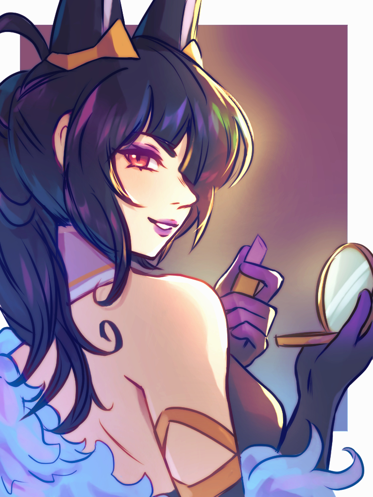 1girl animal_ears bare_shoulders black_gloves black_hair cassandra_(dragalia_lost) cosmetics dragalia_lost elbow_gloves gloves hand_mirror holding holding_lipstick_tube holding_mirror lipstick lipstick_tube long_hair looking_at_viewer makeup mirror parted_lips rabbit_ears red_eyes smile solo upper_body vaccariia