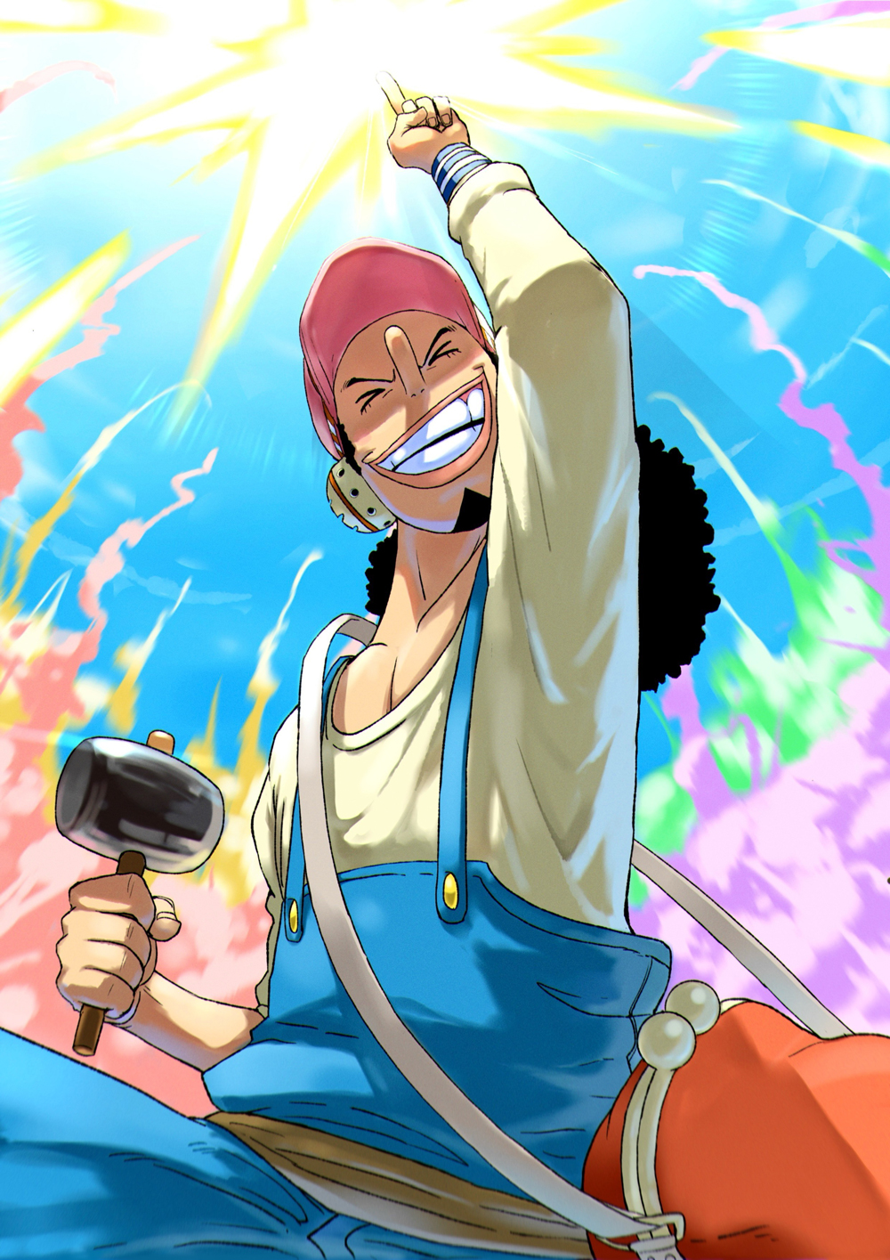 1boy arm_up blue_overalls closed_eyes commentary_request curly_hair english_commentary facial_hair goatee hammer hat headphones highres holding holding_hammer holding_weapon index_finger_raised long_hair long_nose long_sleeves male_focus mixed-language_commentary oda_eiichirou official_alternate_costume official_art one_piece open_mouth overalls smile solo teeth usopp weapon