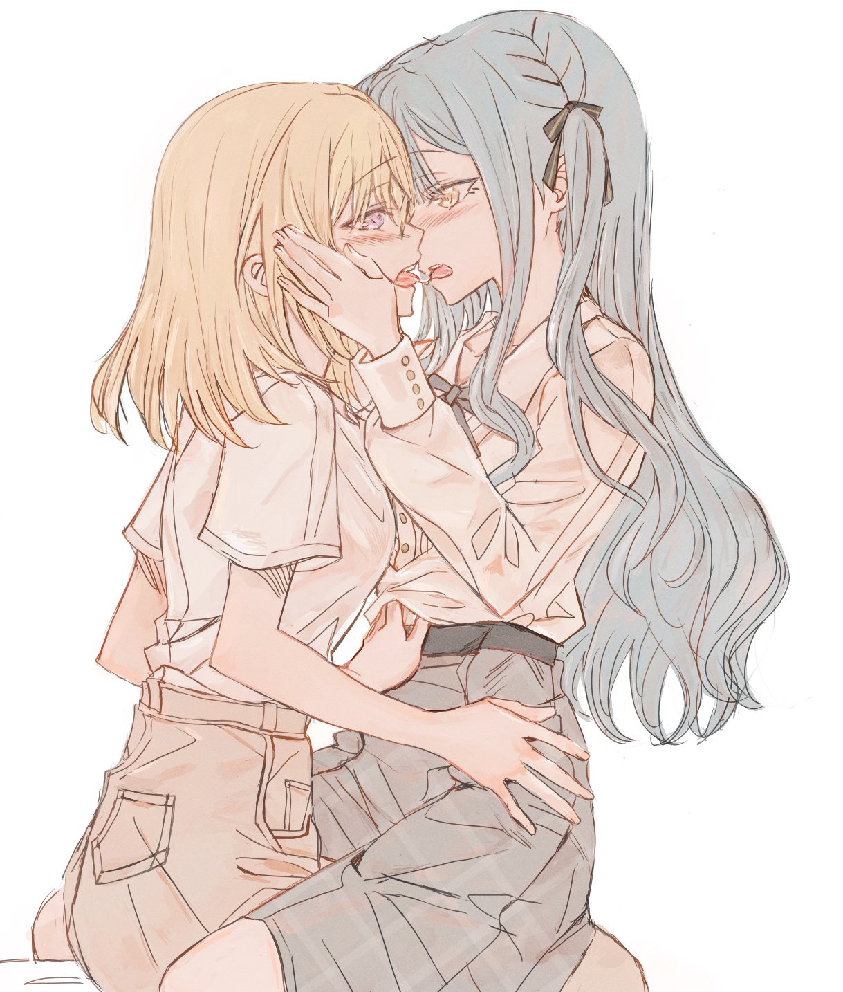 2girls after_kiss bang_dream! bang_dream!_it's_mygo!!!!! black_ribbon blonde_hair blue_hair blush collared_shirt commentary_request eye_contact french_kiss grey_ribbon grey_skirt hand_on_another's_waist hand_under_clothes hand_under_shirt highres junjun_(kimi-la) kiss long_hair long_sleeves looking_at_another medium_hair misumi_uika multiple_girls neck_ribbon purple_eyes ribbon saliva saliva_trail shirt simple_background sitting sitting_on_lap sitting_on_person skirt togawa_sakiko two_side_up white_background white_shirt yellow_eyes yuri