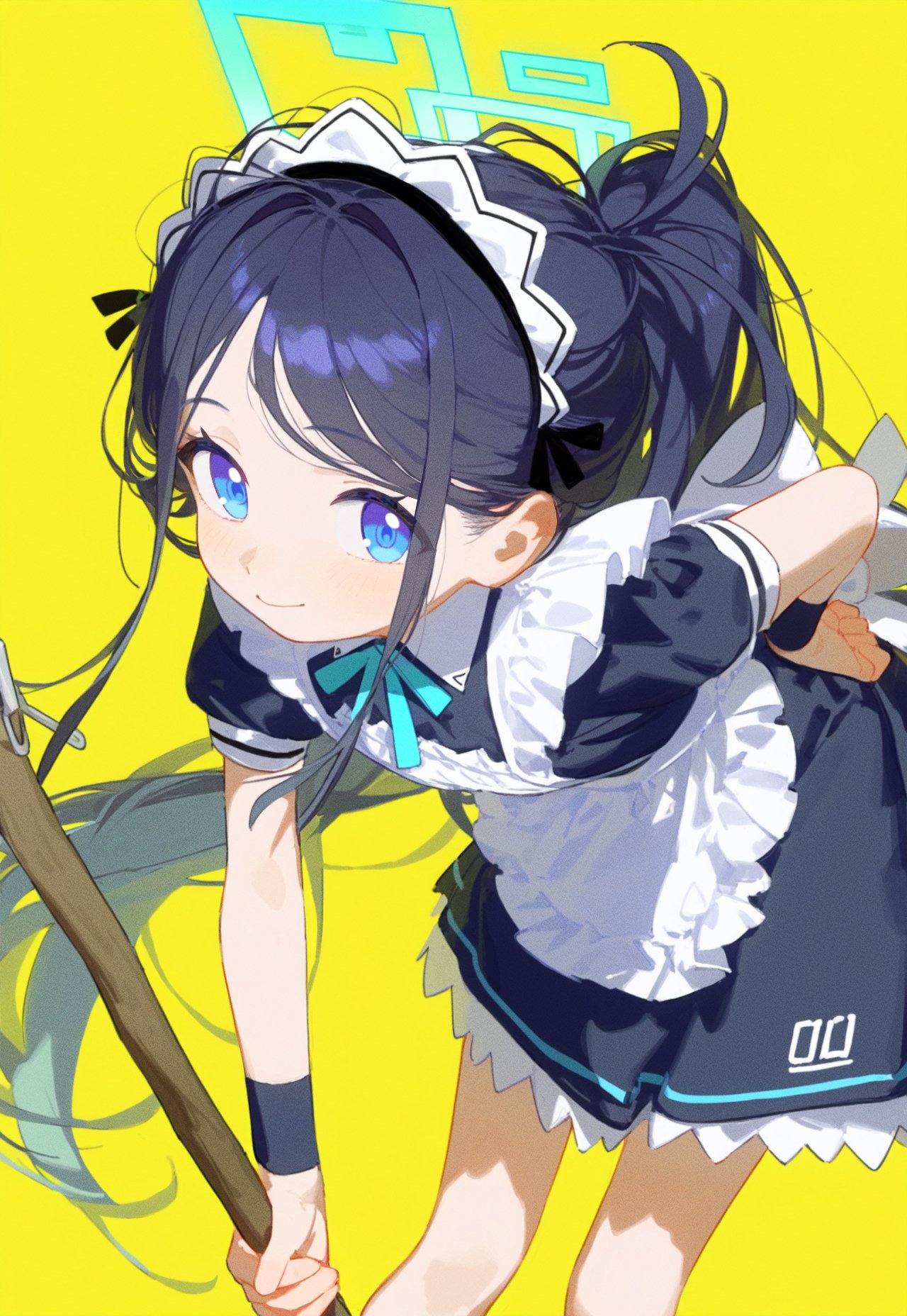 1girl ai-generated apron aris_(blue_archive) aris_(maid)_(blue_archive) black_dress black_hair black_wristband blue_archive blue_eyes blue_halo broom commentary_request dress eyelashes halo hand_on_own_hip highres holding holding_broom long_hair looking_at_viewer maid maid_apron maid_headdress messy_hair myuto12345 official_alternate_costume ponytail rectangular_halo short_sleeves sidelocks smile solo thighs very_long_hair white_apron yellow_background