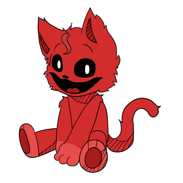 anthro critters_(poppy_playtime) digital_media_(artwork) domestic_cat felid feline felis female fur glowing glowing_eyes hair invi_fuwa living_toy looking_at_viewer mammal open_mouth paws plushie poppy_playtime simple_background smile smiling_critters solo tail tongue