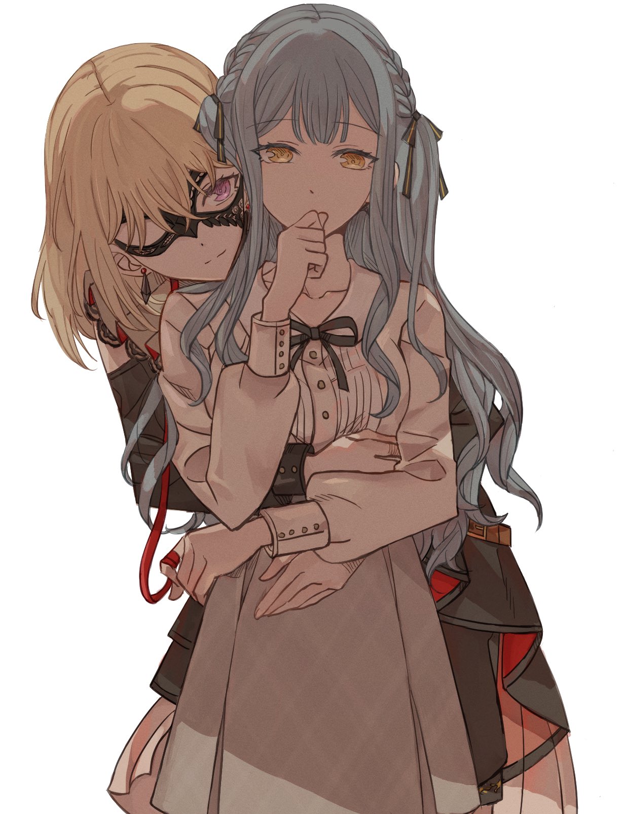 2girls bang_dream! bang_dream!_it's_mygo!!!!! black_dress black_ribbon blonde_hair blue_hair closed_mouth commentary_request covering_own_mouth cowboy_shot dress earrings grey_skirt hair_ribbon hand_over_own_mouth head_on_another's_shoulder highres hug hug_from_behind jewelry junjun_(kimi-la) long_hair long_sleeves medium_hair misumi_uika multiple_girls one_eye_closed purple_eyes ribbon shirt simple_background skirt smile togawa_sakiko two_side_up white_background white_shirt yellow_eyes yuri