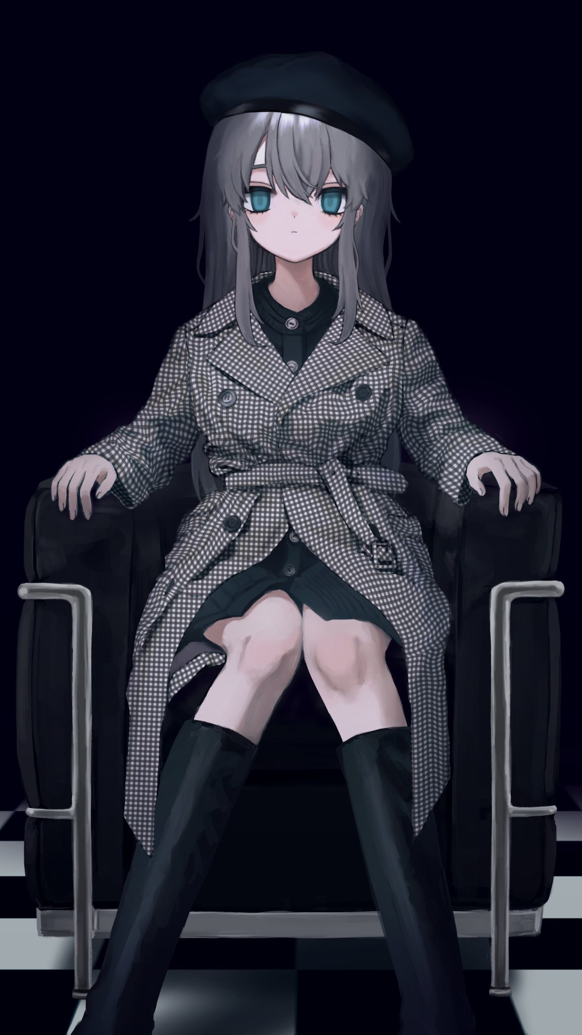 1girl aqua_eyes black_background black_dress black_hat black_socks chair checkered_floor dress expressionless fuyuishi grey_hair highres jacket long_hair looking_at_viewer original plaid plaid_jacket sitting socks solo