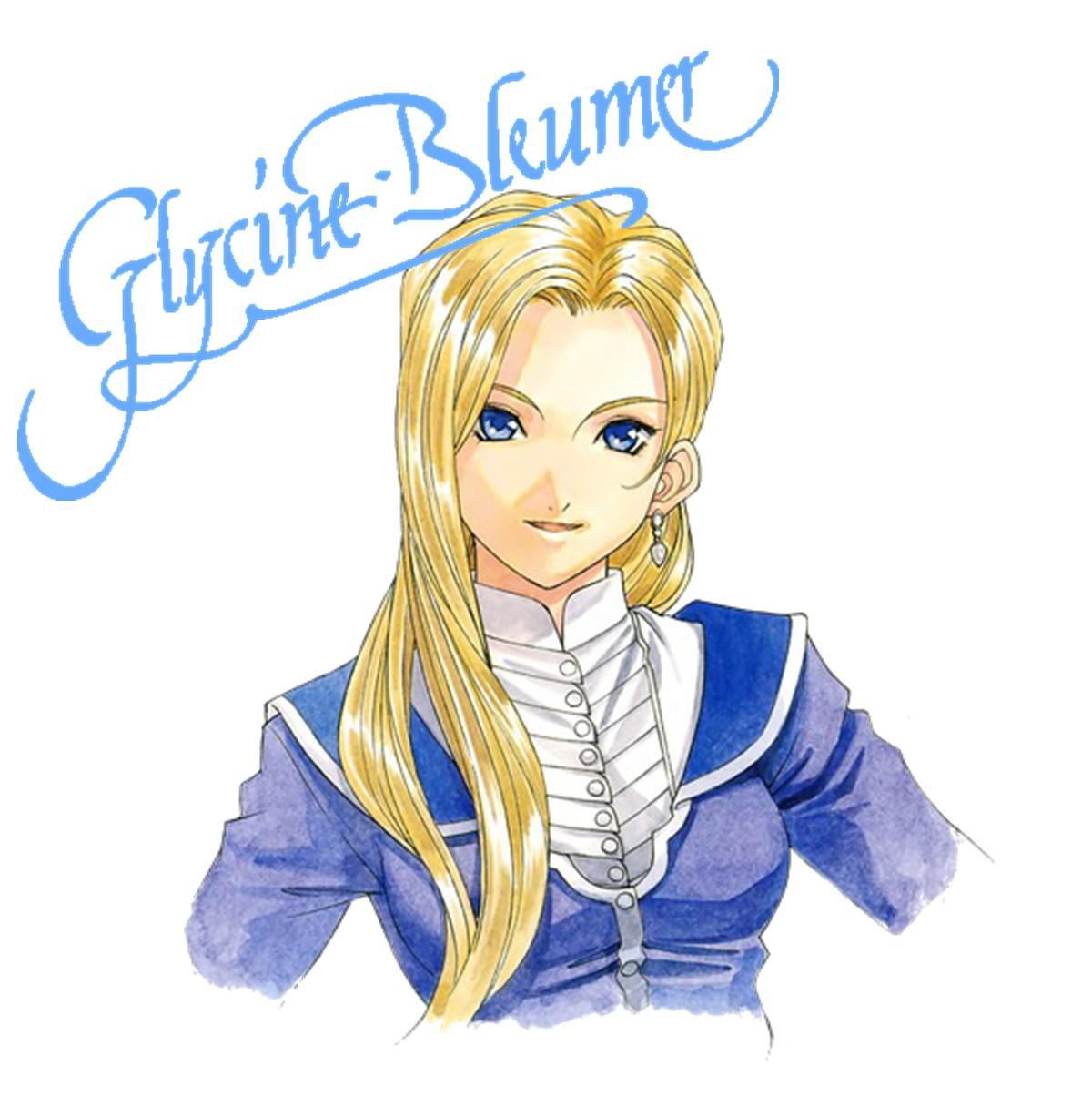 1girl blonde_hair blue_eyes blue_jacket blue_sleeves breasts buttons character_name collar collared_jacket cropped_torso cursive earrings english_text glycine_bleumer hair_over_breasts hair_over_one_breast hair_over_shoulder highres jacket jewelry long_hair mandarin_collar matsubara_hidenori medium_breasts nose official_art sakura_taisen sakura_taisen_iii sega signature simple_background single_earring smile solo third-party_source white_background white_collar