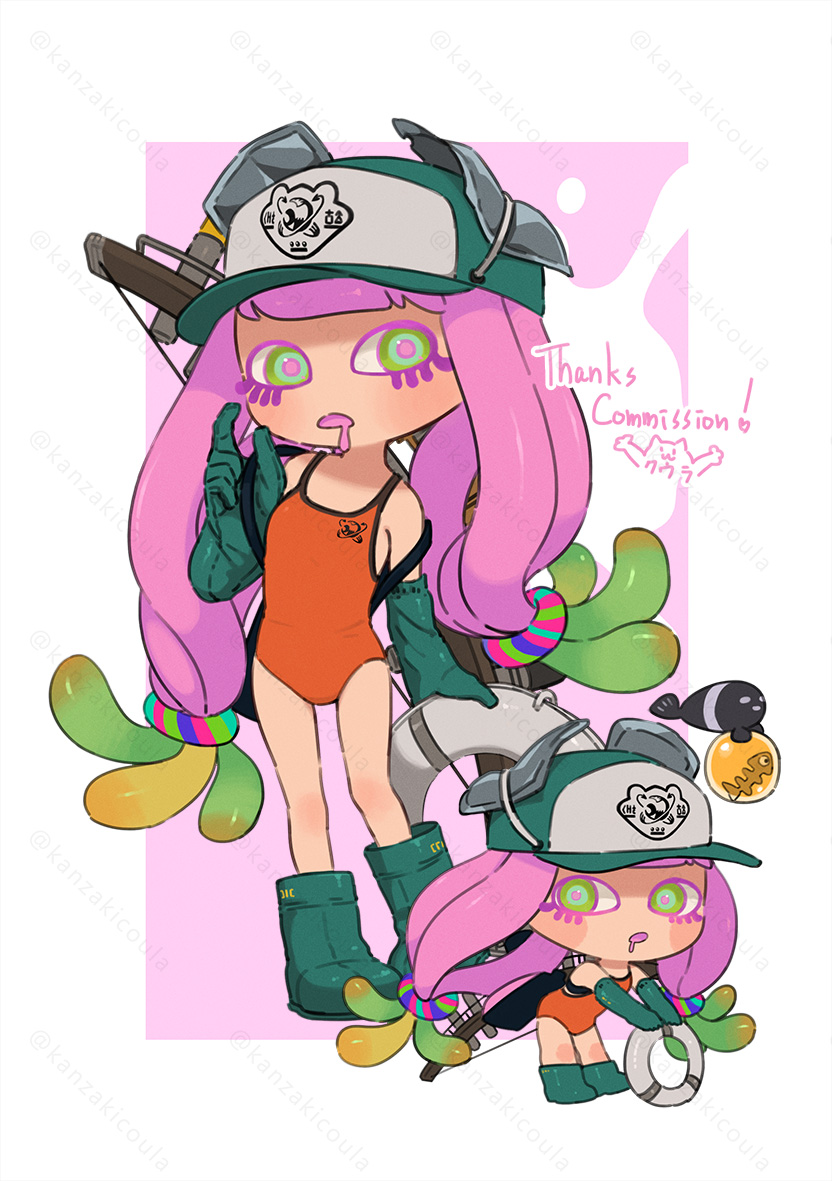 1girl baseball_cap boots border chibi chibi_inset colored_tips commentary_request commission coula_cat duct_tape eyelashes gloves green_eyes green_footwear green_gloves harmony's_clownfish_(splatoon) harmony_(splatoon) hat lifebuoy long_hair multicolored_hair multiple_views one-piece_swimsuit orange_one-piece_swimsuit outside_border pink_background pink_hair pink_pupils print_headwear rubber_boots rubber_gloves salmon_run_(splatoon) splatoon_(series) swim_ring swimsuit thank_you white_border