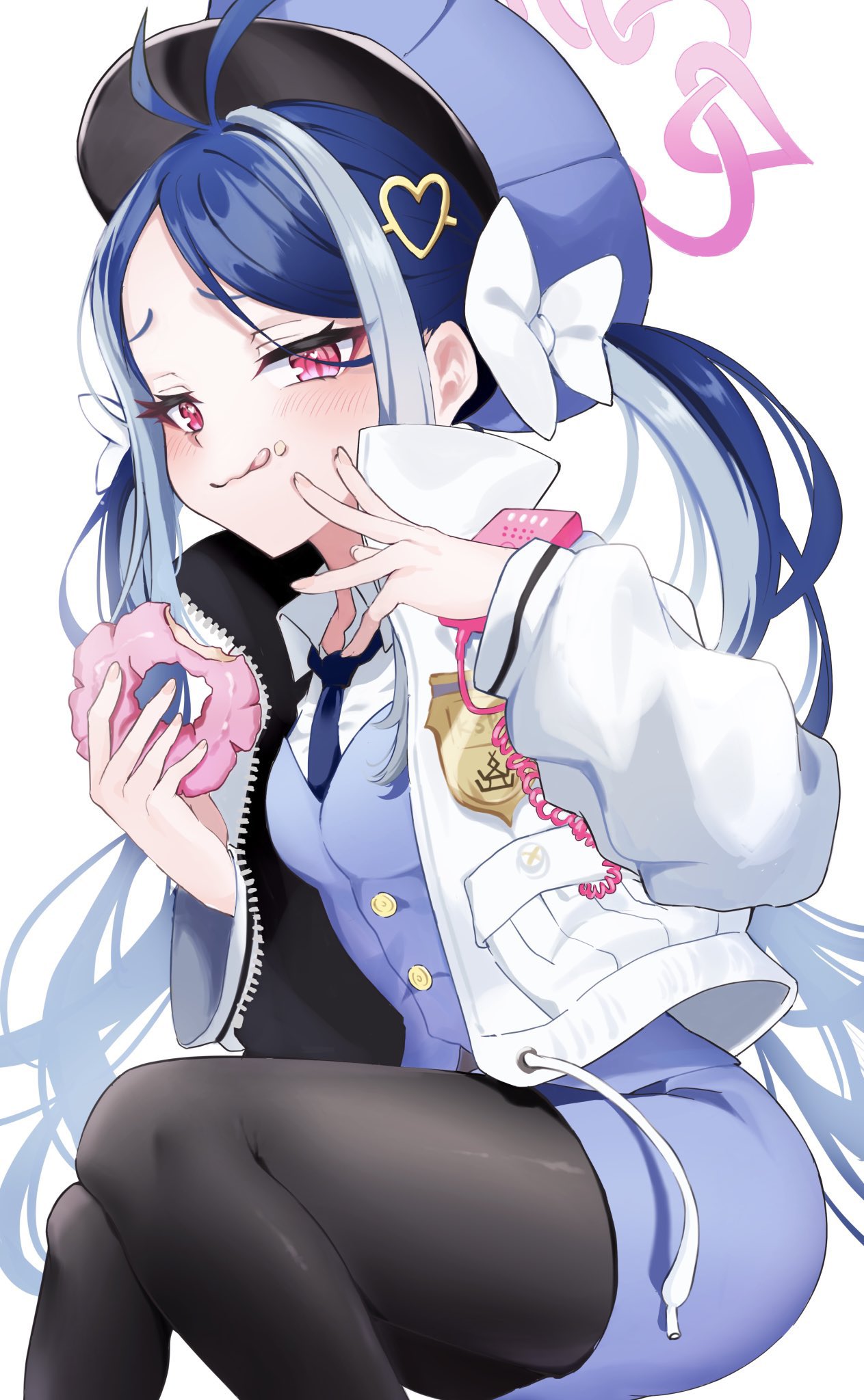 1girl :q antenna_hair ass black_hair black_necktie black_pantyhose blue_archive blue_skirt bow collared_shirt commentary_request doughnut eating food food_on_face forehead fubuki_(blue_archive) hair_bow hair_ornament hair_ribbon halo hat heart heart_hair_ornament highres holding holding_food jacket knees_together_feet_apart leaning_forward long_hair long_sleeves looking_at_viewer multicolored_hair necktie open_clothes open_jacket pantyhose parted_bangs peaked_cap pencil_skirt pineap000 police police_badge police_uniform policewoman red_eyes ribbon shirt sidelocks simple_background sitting skirt smile solo streaked_hair tongue tongue_out two-tone_hair uniform walkie-talkie wavy_mouth white_background white_jacket