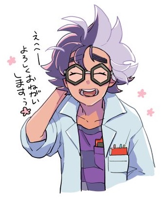 1boy :d breast_pocket closed_eyes coat commentary_request facing_viewer flower_(symbol) glasses hand_up jacq_(pokemon) lowres male_focus nyoripoke open_clothes open_coat open_mouth pocket pokemon pokemon_sv purple_hair purple_shirt shirt short_hair smile solo striped_clothes striped_shirt teeth tongue translation_request white_background