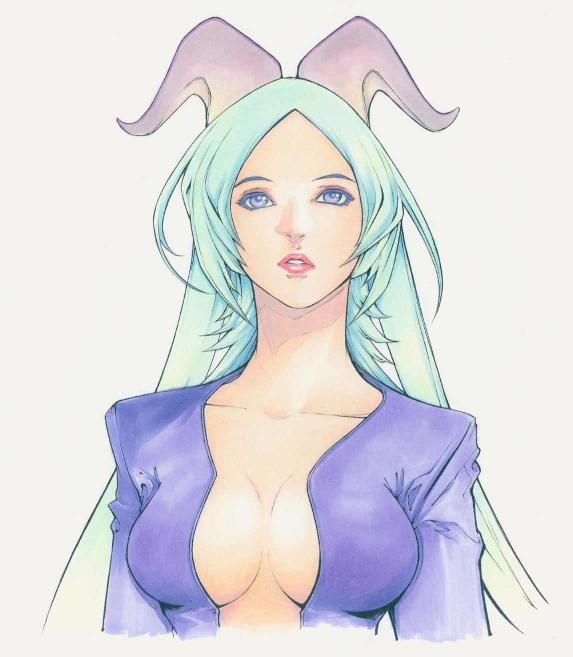 1girl andy_seto blue_eyes breasts character_request chinese_commentary cleavage collarbone commentary cropped_torso cyber_weapon_z english_commentary green_hair highres horns jacket long_hair marker_(medium) medium_breasts mixed-language_commentary parted_lips pink_lips plunging_neckline purple_jacket solo traditional_media upper_body