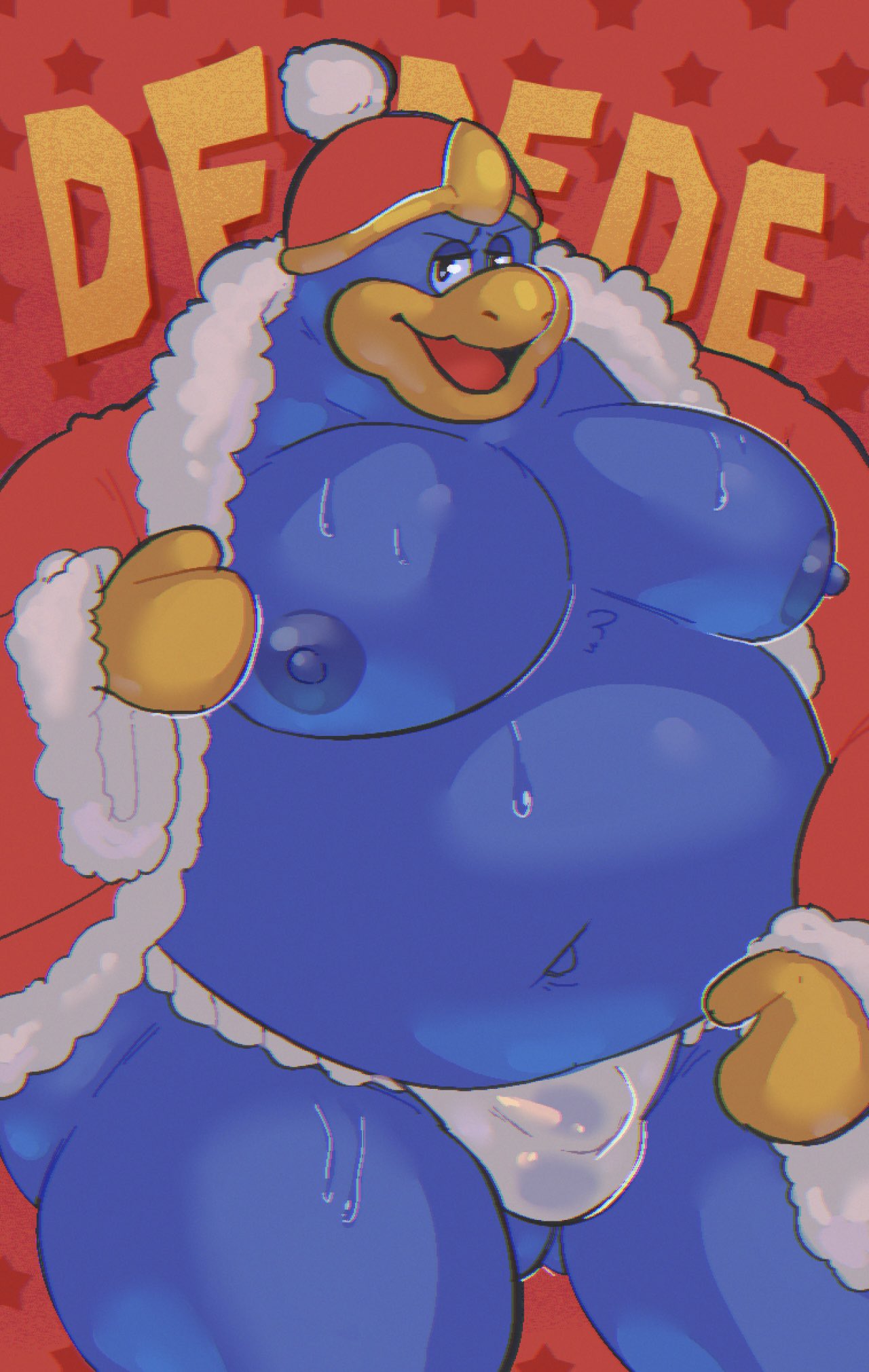 anthro avian balls_outline belly big_belly big_moobs bird blue_body bodily_fluids bulge character_name clothed clothing detailed_bulge genital_outline hi_res king_dedede kirby_(series) male male_anthro matchaijuice moobs nintendo nipples overweight overweight_anthro overweight_male penguin penis_outline solo sweat translucent translucent_clothing