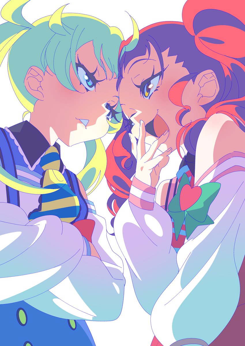 2girls akagi_anna anchiki_shou annoyed archived_source bad_id bad_twitter_id blonde_hair blue_eyes blunt_bangs bow confrontation covering_own_mouth crossed_arms eye_contact face-to-face forehead-to-forehead green_bow hand_over_own_mouth hand_up heads_together heart highres image_sample kiratto_pri_chan long_hair long_sleeves looking_at_another moegi_emo multiple_girls necktie one_eye_closed open_mouth pretty_series red_hair sidelocks simple_background smile smug striped_necktie twintails twitter_sample white_background yellow_eyes