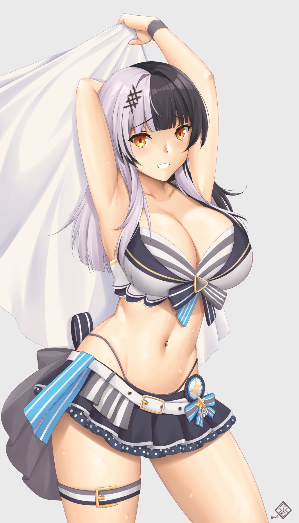 1girl arcie_albano armpits artist_logo bikini bikini_skirt black_bikini black_hair blush breasts cleavage cowboy_shot english_commentary grey_background grin hair_between_eyes highres holding hololive hololive_english hololive_summer_2023_swimsuit large_breasts long_hair midriff_peek multicolored_bikini multicolored_clothes multicolored_hair navel official_alternate_costume pleated_skirt shiori_novella simple_background skirt smile solo split-color_hair swimsuit thigh_strap very_long_hair white_bikini white_hair wristband yellow_eyes