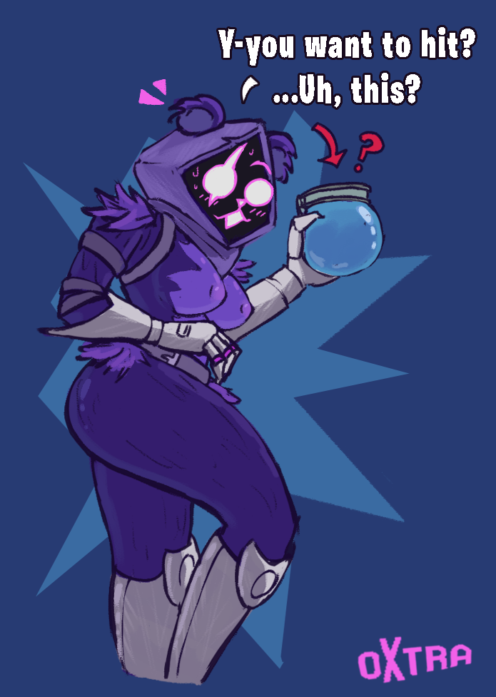 anthro areola armor arrow_sign bear belt bodily_fluids boots breasts clothed clothing confusion container epic_games eye_scar facial_scar female footwear fortnite fur hood humanoid liquid looking_at_viewer mammal nipples nude oxtra partially_clothed purple_body question_mark raven_team_leader scar shadow_face shield_potion simple_background solo sweat thick_thighs topless wraps