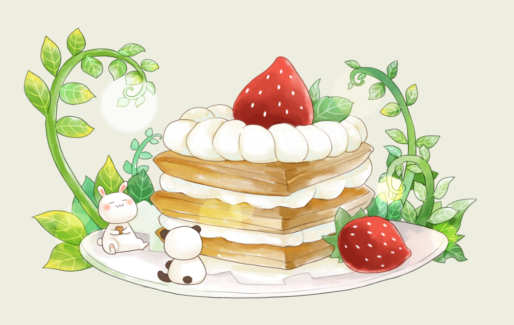 abaoyin cream dessert food food_focus fruit no_humans original painttool_sai_(medium) panda plant plate rabbit simple_background sitting strawberry