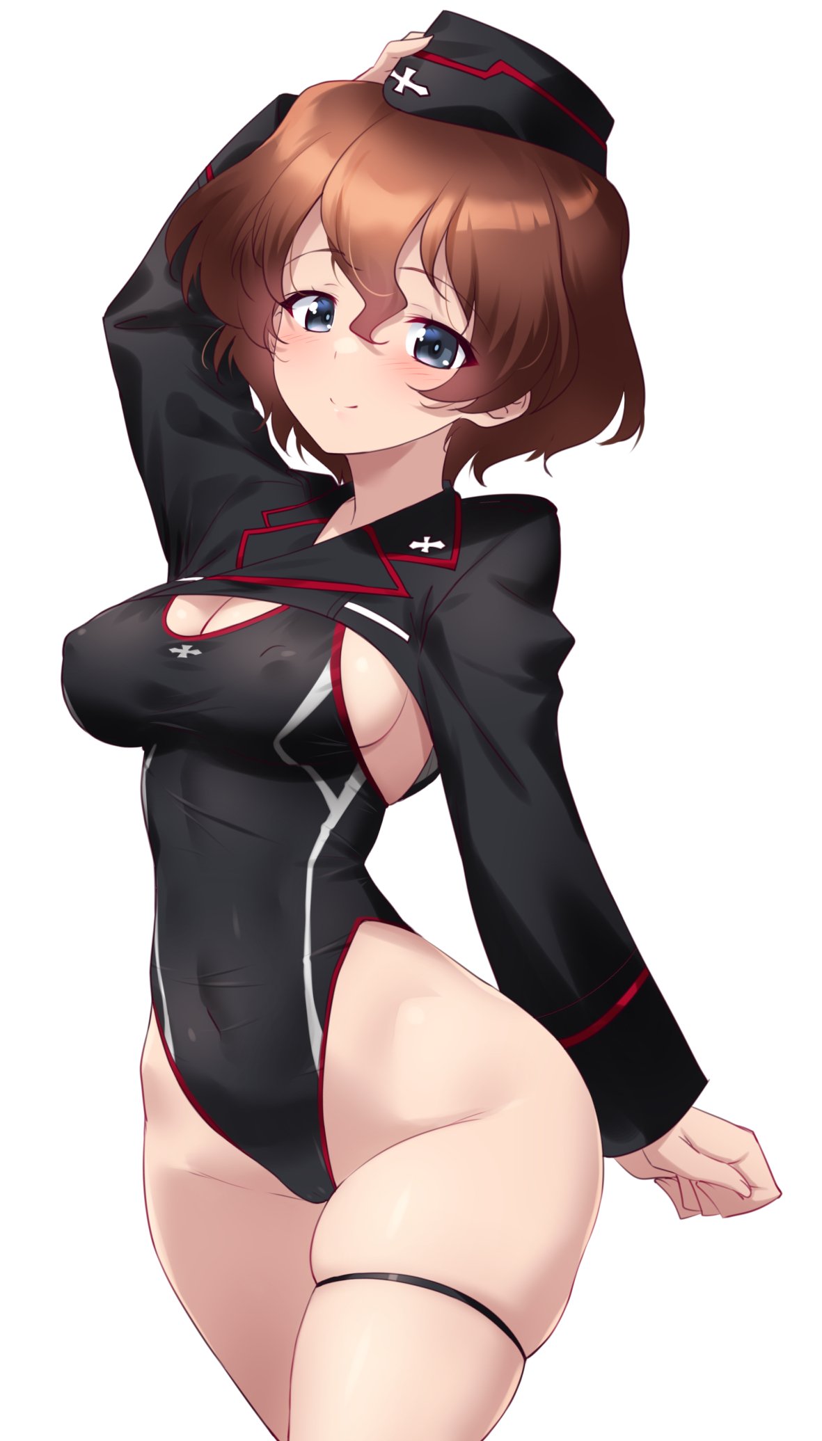 1girl akaboshi_koume black_one-piece_swimsuit blue_eyes blush breasts brown_hair cleavage closed_mouth covered_navel girls_und_panzer hat highres kuromorimine_military_uniform kuzuryuu_kennosuke large_breasts looking_at_viewer military_hat military_uniform one-piece_swimsuit short_hair simple_background smile solo swimsuit thigh_strap uniform white_background