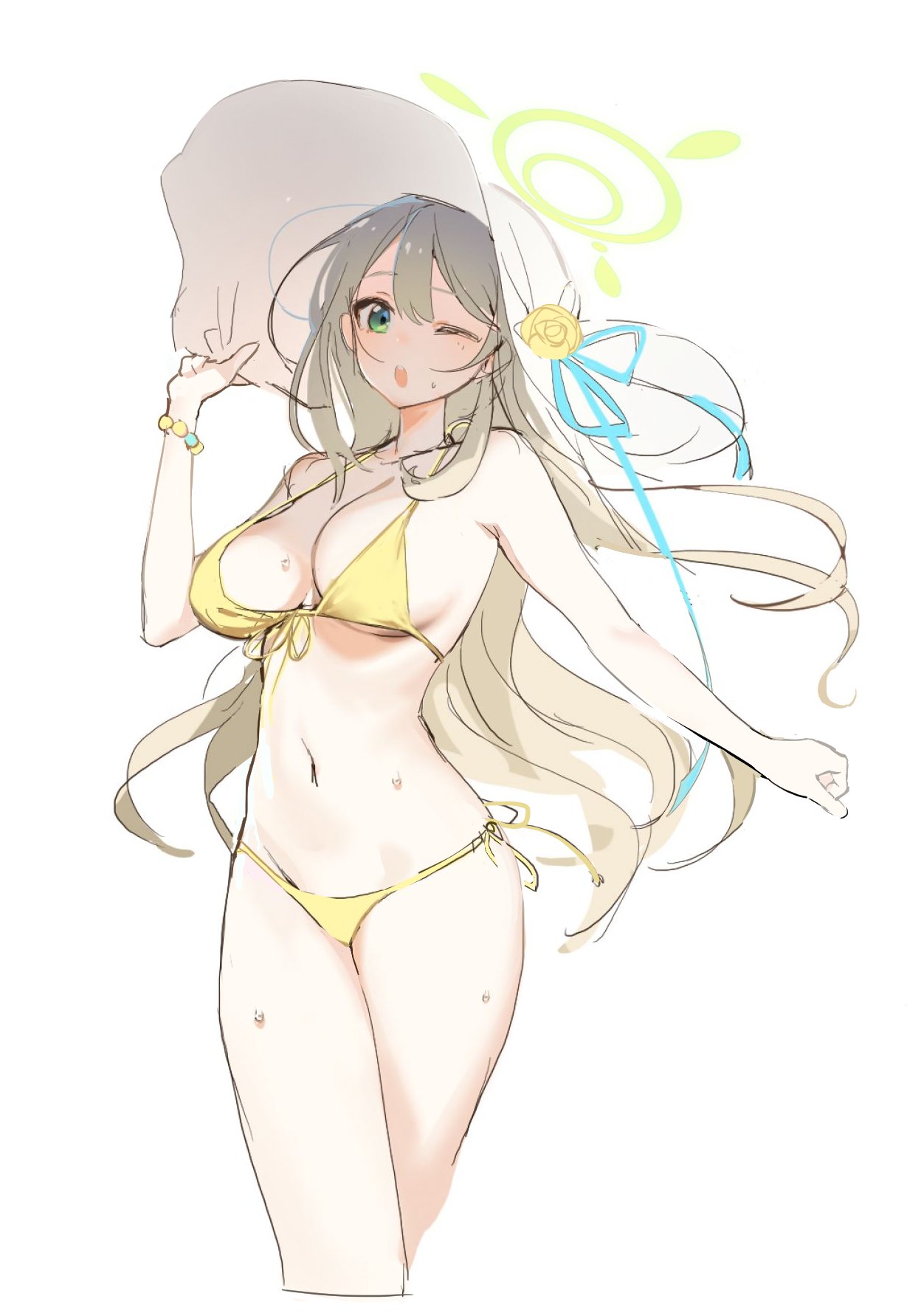1girl bare_arms bare_legs bare_shoulders bikini blue_archive blush breasts collarbone cropped_legs feet_out_of_frame green_eyes green_halo halo hat highres large_breasts light_brown_hair long_hair looking_at_viewer navel nonomi_(blue_archive) nonomi_(swimsuit)_(blue_archive) official_alternate_costume one_eye_closed open_mouth oyabuli simple_background solo swimsuit white_background white_hat yellow_bikini