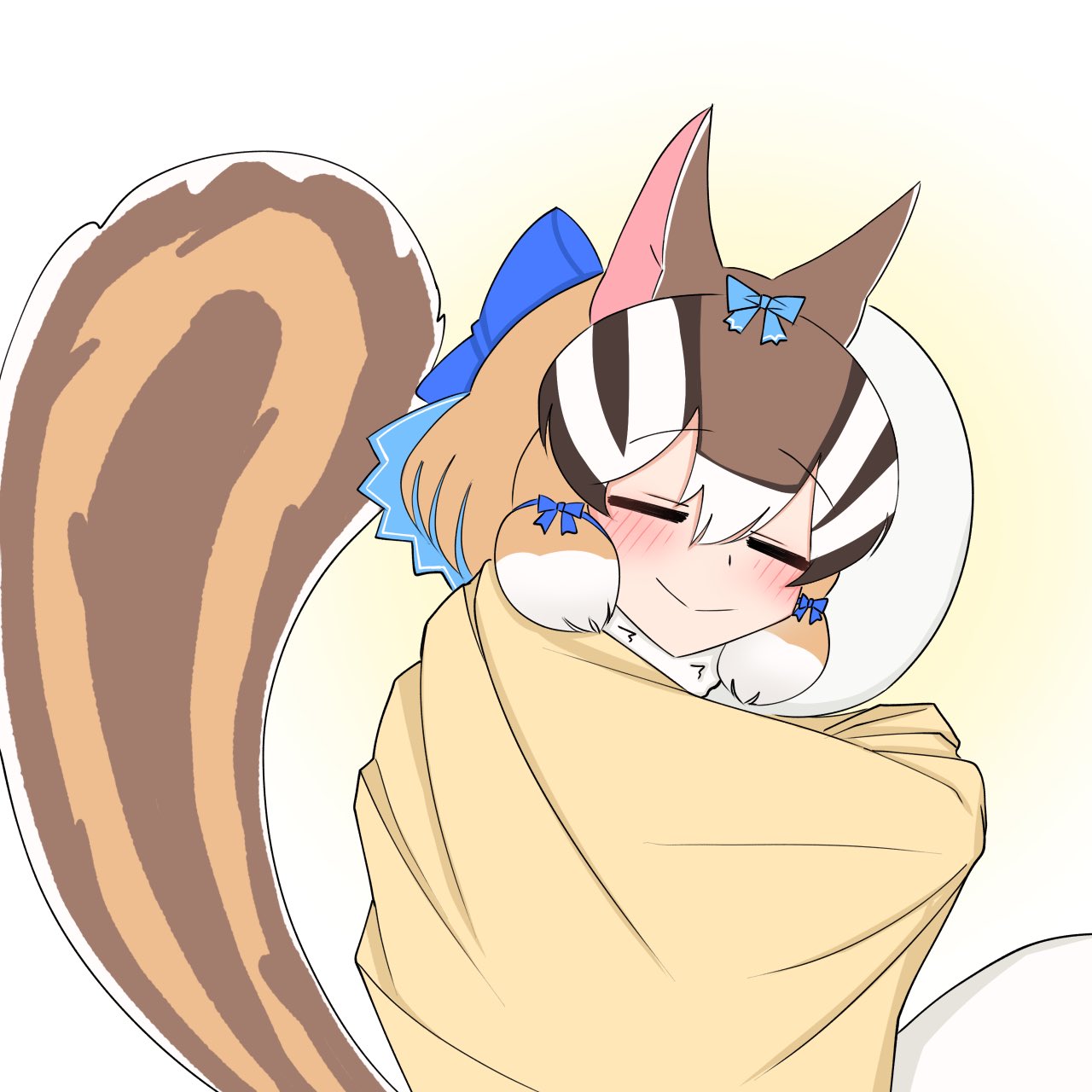 1girl animal_ears blanket blue_ribbon brown_background brown_hair chipmunk_ears chipmunk_girl chipmunk_tail closed_eyes extra_ears highres kemono_friends kemono_friends_v_project multicolored_hair ribbon scarf short_hair siberian_chipmunk_(kemono_friends) simple_background sleeping solo tail tengt_e two-tone_hair virtual_youtuber white_hair