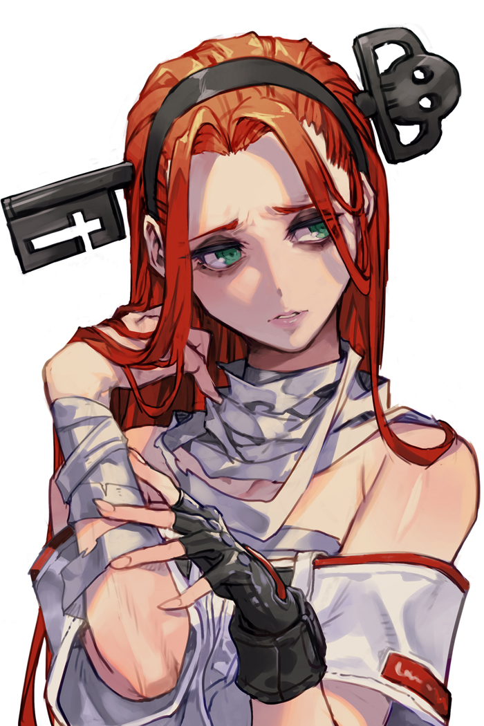 1girl a.b.a armpit_crease bags_under_eyes bandaged_neck bandages black_gloves black_hairband fingerless_gloves gloves green_eyes guilty_gear guilty_gear_strive hair_intakes hairband hungry_clicker key_in_head long_hair object_through_head parted_lips pink_lips red_hair simple_background solo upper_body white_background