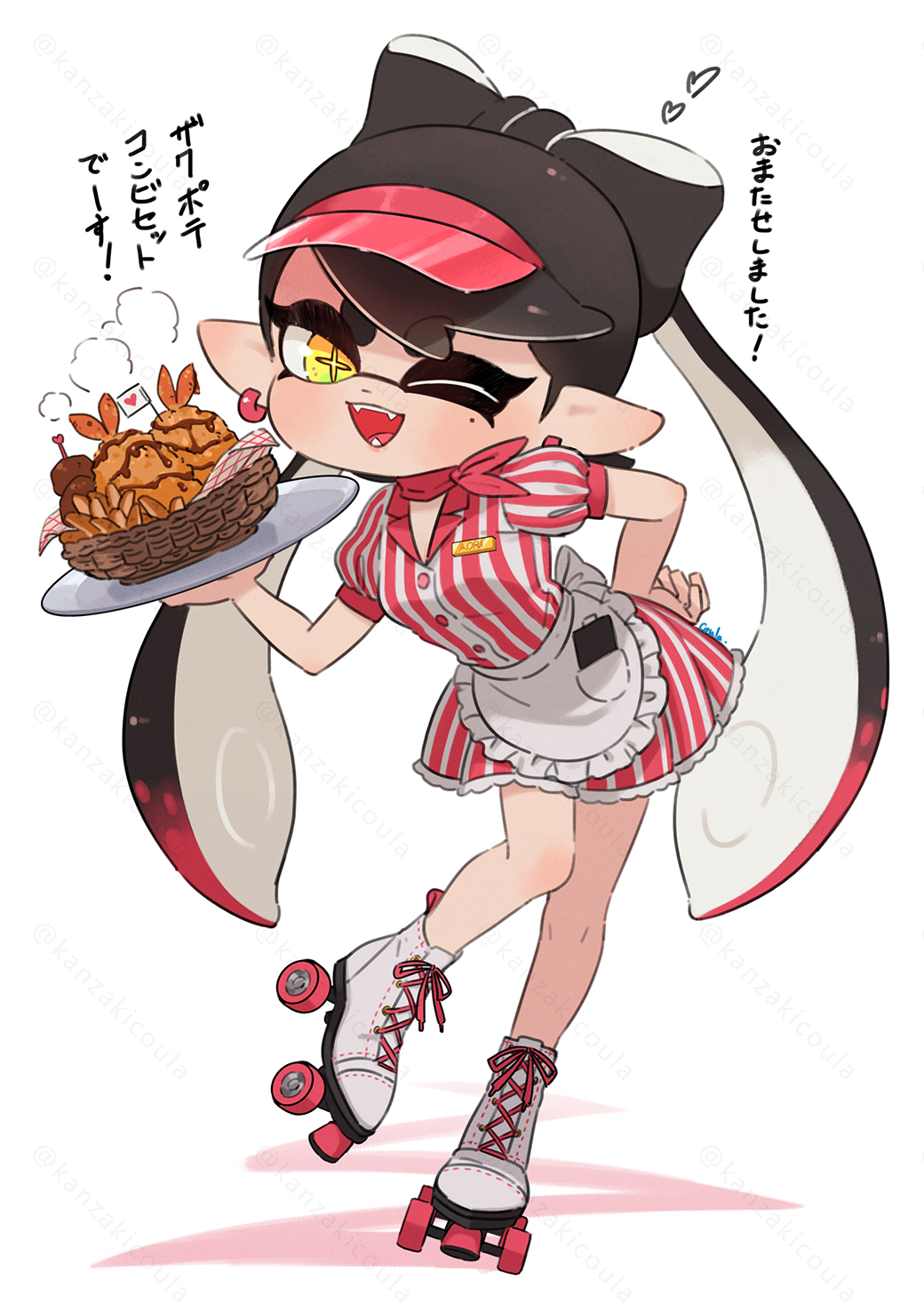 1girl apron basket black_hair bow-shaped_hair callie_(splatoon) colored_tips commentary_request coula_cat dress earrings food full_body heart highres holding holding_plate hoop_earrings inkling jewelry long_hair mole mole_under_eye multicolored_hair one_eye_closed open_mouth plate pointy_ears red_hair red_hat roller_skates shrimp shrimp_tempura simple_background skates smile solo splatoon_(series) star-shaped_pupils star_(symbol) steam striped_clothes striped_dress symbol-shaped_pupils teeth tempura tentacle_hair thick_eyebrows translation_request two-tone_hair visor_cap waitress white_background yellow_eyes yellow_pupils