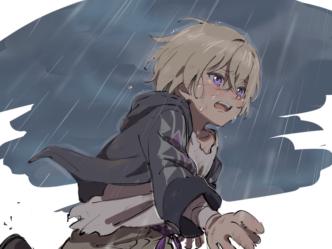 1boy aged_down aventurine_(honkai:_star_rail) bandaged_arm bandages blonde_hair crying hair_between_eyes honkai:_star_rail honkai_(series) hood hoodie multicolored_eyes open_mouth rain shirt short_hair solo tears teeth torn_clothes torn_shirt upper_teeth_only yzwn89