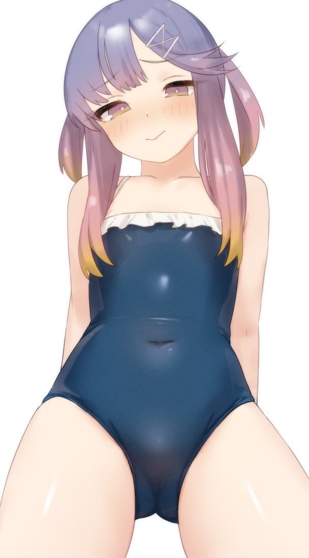 1girl bare_shoulders blue_one-piece_swimsuit blush casual_one-piece_swimsuit covered_navel flat_chest from_below gradient_hair hair_ornament hairclip kantai_collection long_hair looking_at_viewer multicolored_hair one-piece_swimsuit sakieko sidelocks simple_background smile solo swimsuit tsushima_(kancolle) two_side_up white_background