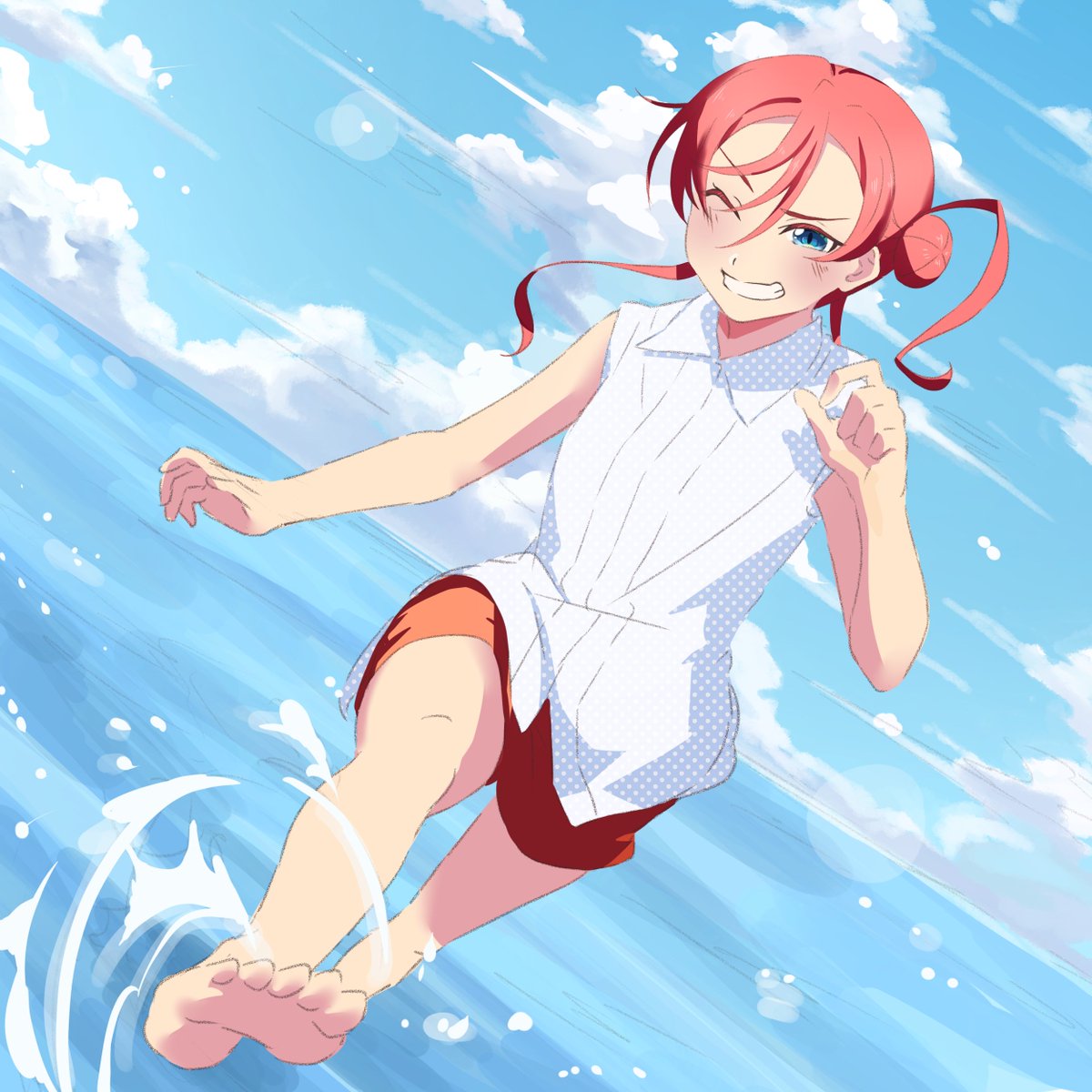 1girl barefoot blue_eyes blue_sky blush clenched_teeth cloud collared_shirt commentary_request dutch_angle hair_between_eyes hair_bun highres kicking looking_at_viewer love_live! love_live!_superstar!! medium_hair one_eye_closed outdoors red_hair red_shorts repurika shirt shorts sidelocks single_side_bun sky sleeveless sleeveless_shirt smile solo teeth upper_body v-shaped_eyebrows water white_shirt yoneme_mei