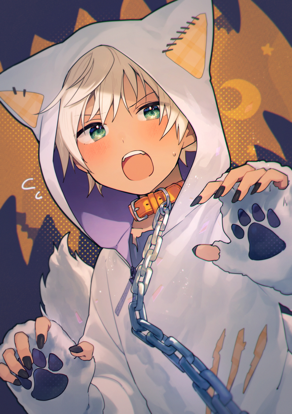 1boy animal_costume animal_ear_hood animal_hands black_nails blonde_hair blush chain chain_leash claw_pose collar fake_tail fingernails gloves green_eyes harecaba highres hood hood_up leash looking_at_viewer male_focus nail_polish open_mouth orange_collar original paw_gloves solo sweatdrop tail teeth torn_clothes upper_body upper_teeth_only white_gloves