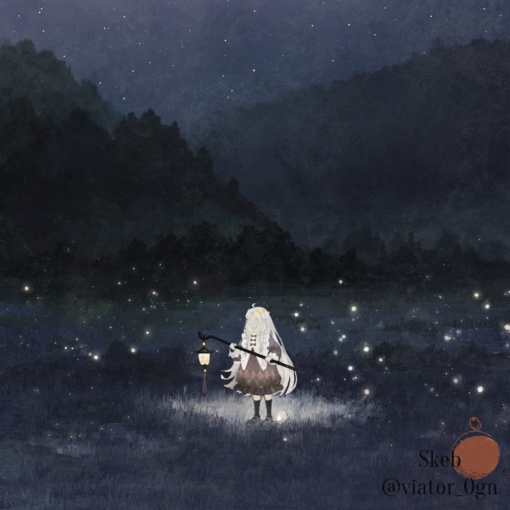 1girl artist_name black_socks commission dress fireflies forest grass gu_(goodnight) hair_ornament holding holding_lantern holding_staff lantern long_hair long_sleeves nature night night_sky original outdoors scenery skeb_commission skirt sky socks solo staff standing star_(sky) starry_sky tree twitter_username very_long_hair watermark white_hair