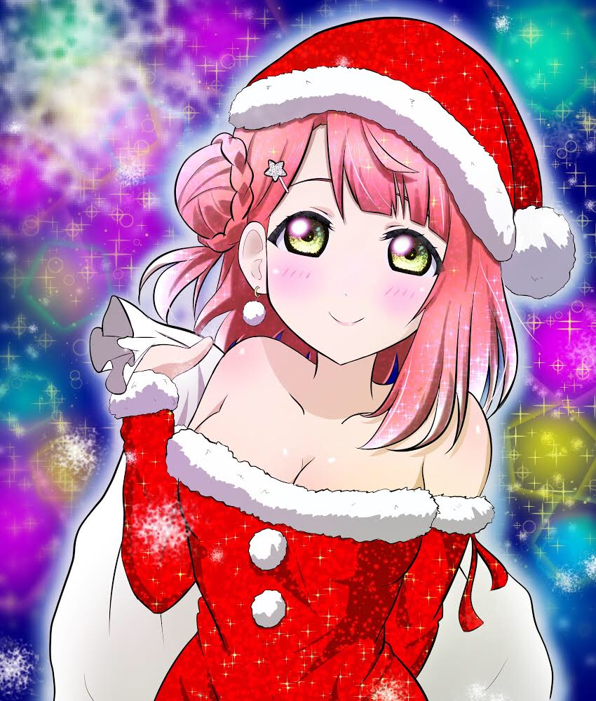 1girl breasts christmas christmas_hat hat long_hair love_live! love_live!_school_idol_festival perfect_dream_project pink_hair smile uehara_ayumu yellow_eyes