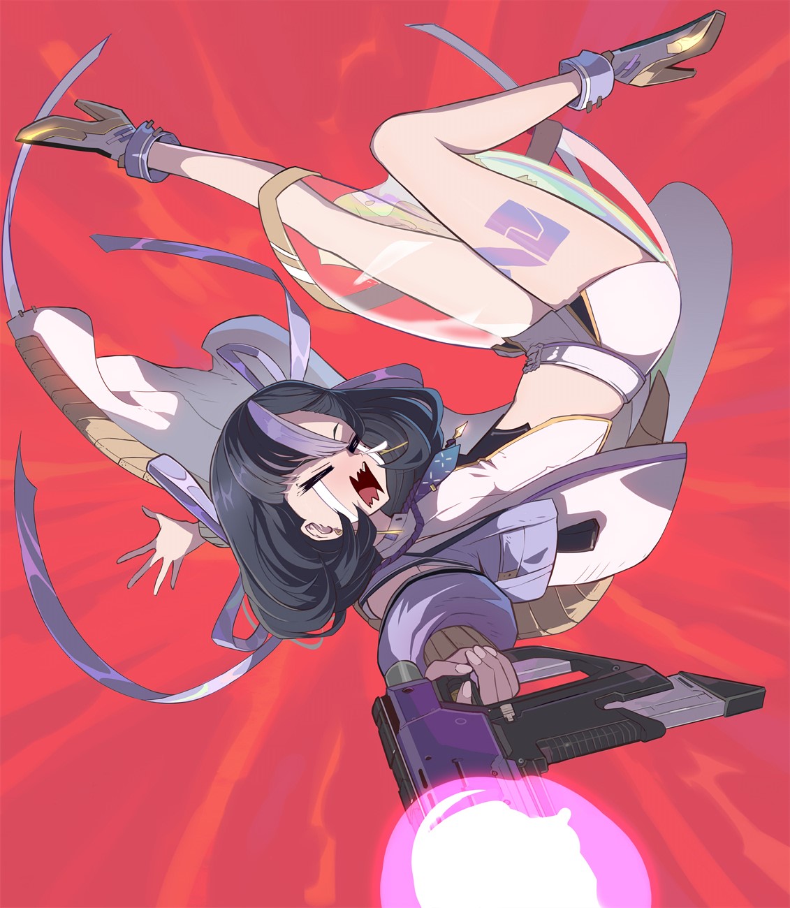 1girl black_hair closed_eyes crying goddess_of_victory:_nikke gold_footwear gun high_heels highres holding holding_gun holding_weapon jacket long_sleeves medium_hair midair multicolored_hair open_clothes open_jacket open_mouth panicking purple_hair skirt solo syope syuen_(nikke) variant_set weapon white_jacket white_skirt