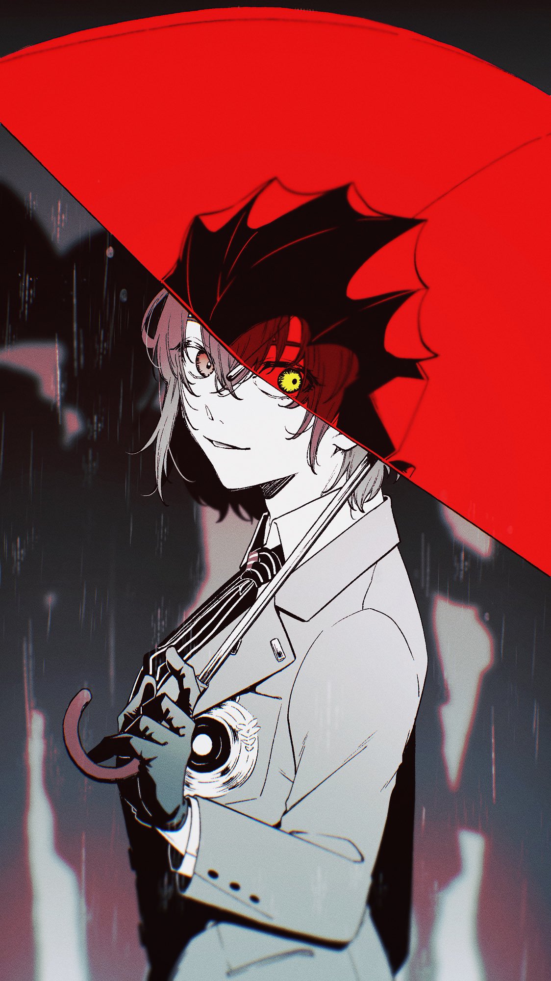 1boy akechi_gorou black_gloves black_necktie brown_eyes brown_hair collared_shirt commentary crowd dark_persona english_commentary evil_smile gloves grey_jacket heterochromia highres holding holding_umbrella hood jacket looking_at_viewer male_focus necktie persona persona_5 persona_5_the_royal red_umbrella shirt short_hair smile split_theme striped_necktie twfm umbrella yellow_eyes