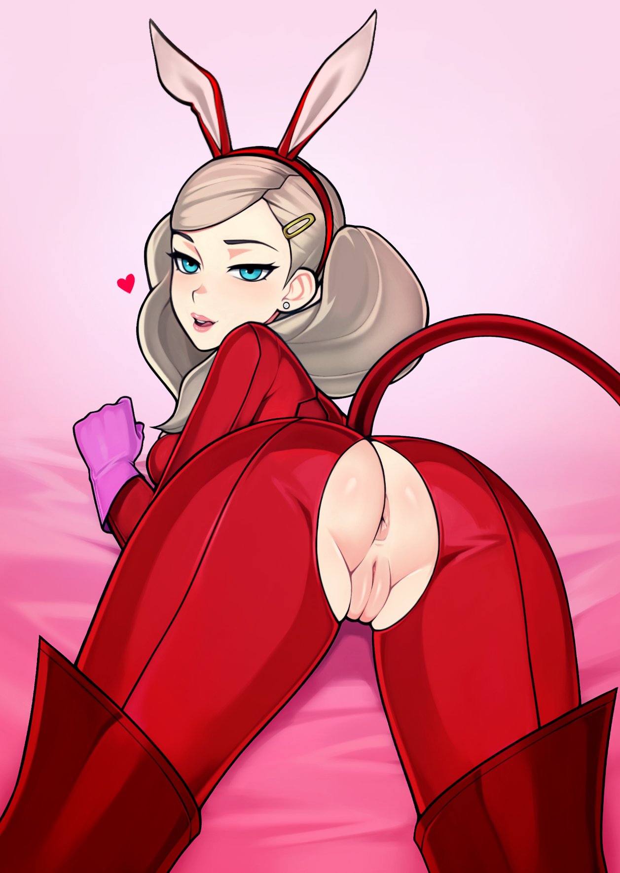 1girl animal_ears anus ass blonde_hair bodysuit english_commentary fake_animal_ears from_behind gloves green_eyes hair_ornament hairclip heart highres long_hair loodncrood looking_at_viewer looking_back persona persona_5 pink_background pink_gloves pussy rabbit_ears red_bodysuit red_footwear smile solo takamaki_anne teeth twintails upper_teeth_only
