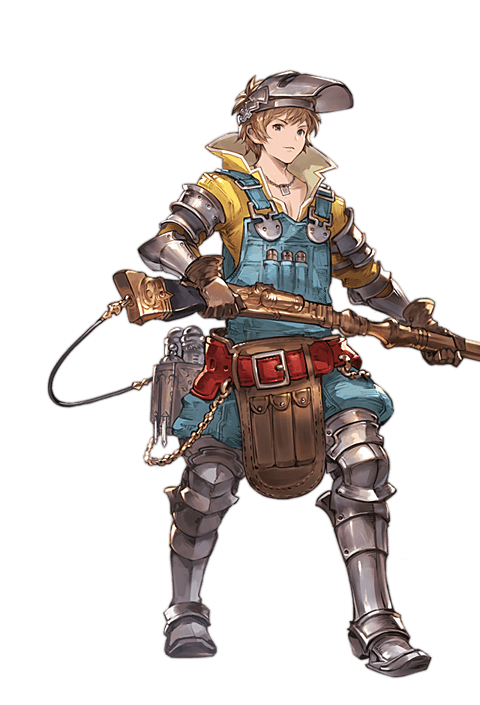 armor armored_boots boots full_body gran_(granblue_fantasy) granblue_fantasy male_focus mechanic_(granblue_fantasy) minaba_hideo official_art overalls shirt solo standing transparent_background welding_mask yellow_shirt