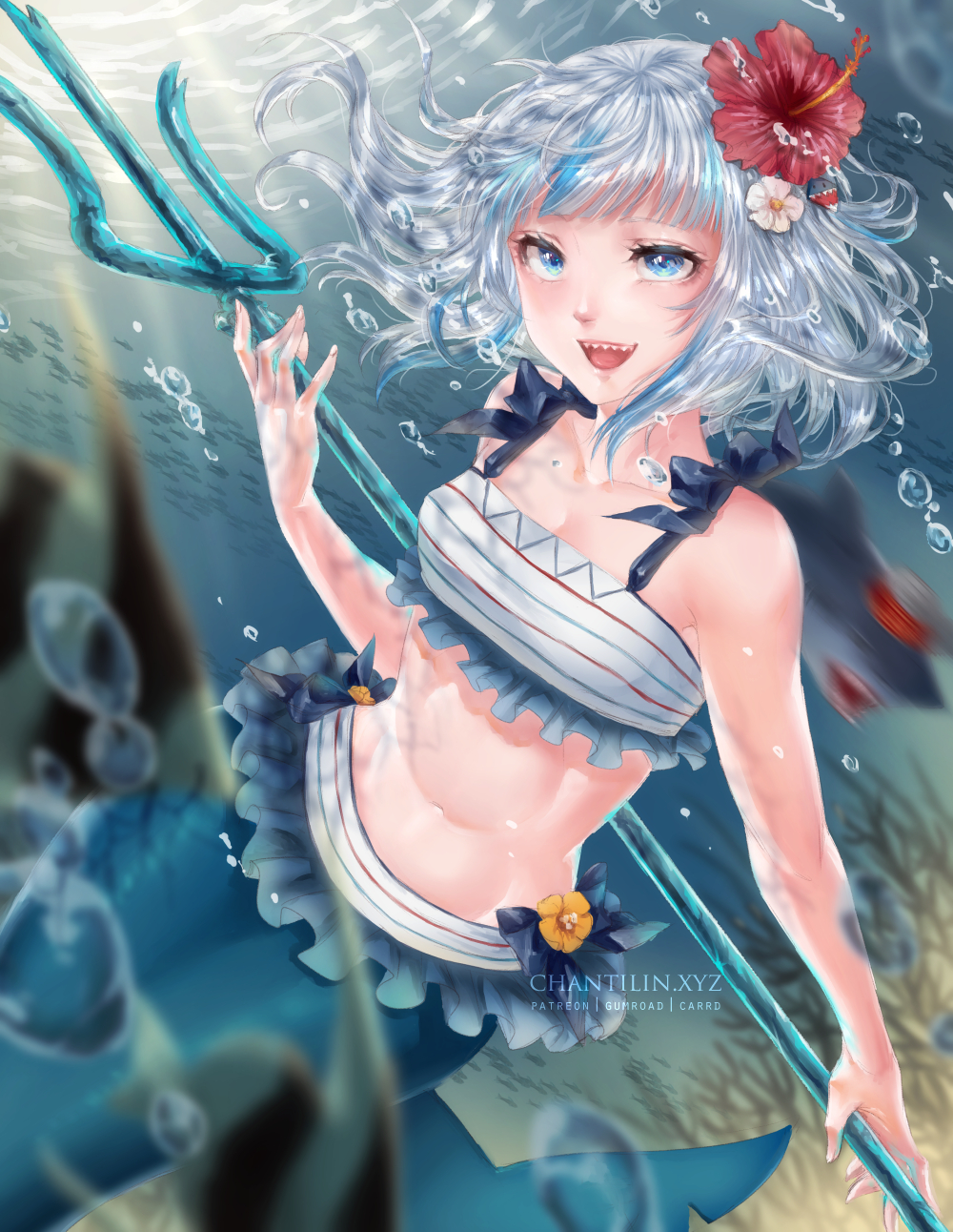 1girl air_bubble artist_name bikini bloop_(gawr_gura) blue_hair blurry breasts bubble chanti_(chantilin) cleavage clip_studio_paint_(medium) commentary depth_of_field english_commentary fish flower gawr_gura grey_hair hair_flower hair_ornament highres holding_trident hololive hololive_english light_rays mermaid monster_girl motion_blur navel open_mouth shark shark_hair_ornament sharp_teeth small_breasts smile solo striped_bikini striped_clothes swimsuit teeth underwater virtual_youtuber watermark