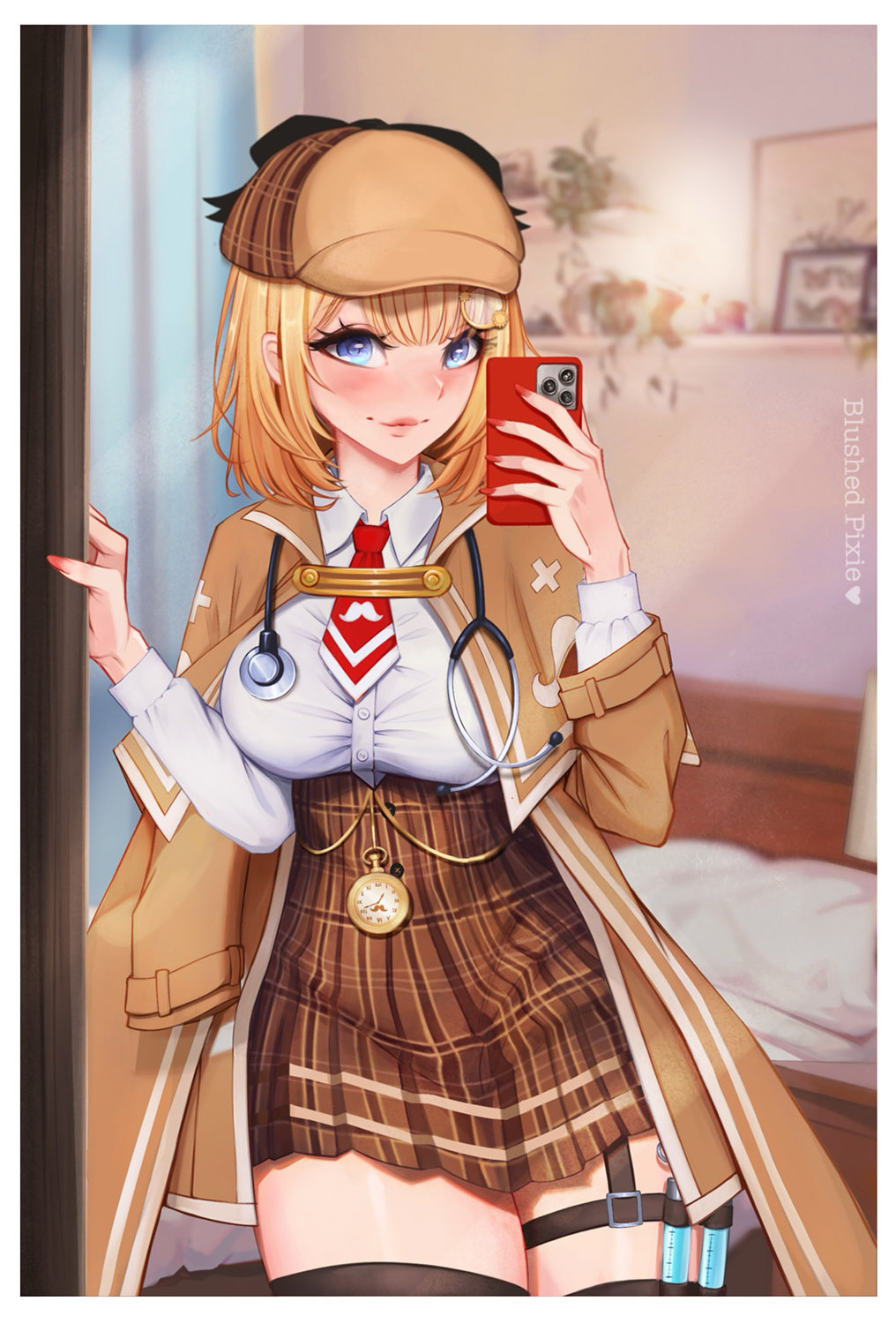 1girl artist_name bedroom black_thighhighs blonde_hair blue_eyes blush blushedpixie bob_cut breasts brown_capelet brown_coat brown_hat brown_skirt capelet cellphone closed_mouth coat collared_shirt commentary deerstalker detective english_commentary hair_ornament hat high-waist_skirt highres holding holding_phone hololive hololive_english indoors large_breasts lipstick long_sleeves looking_at_viewer makeup miniskirt mirror necktie phone plaid plaid_skirt pleated_skirt pocket_watch red_necktie selfie shirt short_hair short_necktie skirt smartphone solo stethoscope syringe_holster thick_thighs thigh_strap thighhighs thighs underbust virtual_youtuber watch watson_amelia watson_amelia_(1st_costume) white_shirt zettai_ryouiki