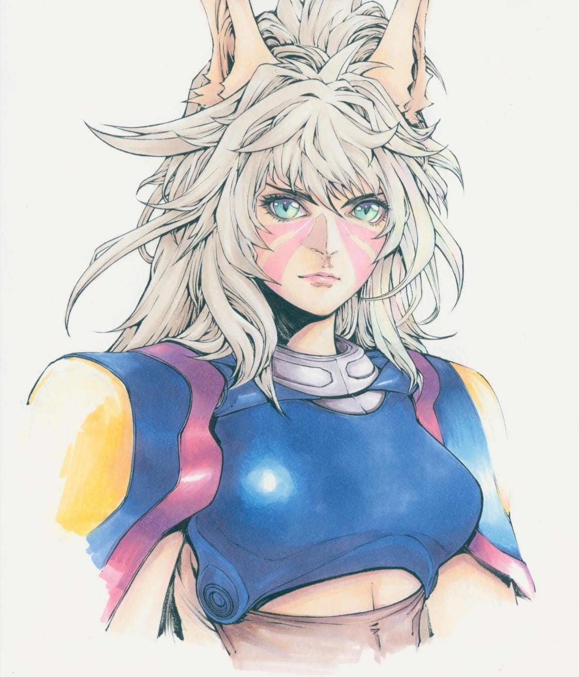 1girl andy_seto animal_ears aqua_eyes armor breastplate breasts cat_ears chinese_commentary commentary cropped_torso cyber_weapon_z english_commentary facial_mark highres light_frown long_hair marker_(medium) medium_breasts mixed-language_commentary pink_lips portrait rosaland_(cyber_weapon_z) serious shoulder_armor solo traditional_media white_hair