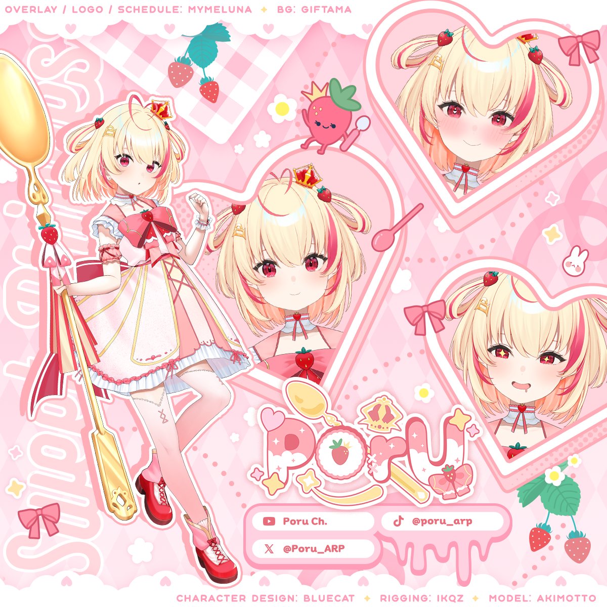 1girl akimotto algorhythm_project blonde_hair character_name closed_mouth crown dress food food-themed_hair_ornament fruit hair_ornament high_heels highres holding holding_spoon medium_hair multicolored_hair multicolored_thighhighs official_art open_mouth pink_hair poru_(algorhythm_project) red_footwear smile spoon strawberry strawberry_hair_ornament tiktok_logo twitter_logo twitter_x_logo virtual_youtuber white_dress youtube_logo