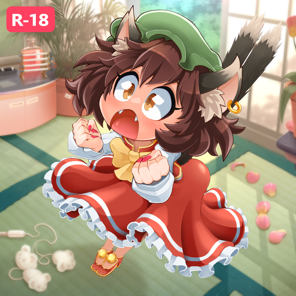 1girl animal_ear_fluff animal_ear_piercing animal_ears april_fools blush bow bowtie brown_eyes brown_hair cat_ears cat_girl cat_tail cat_teaser chen commentary_request content_rating daniel_renard dress earrings english_commentary fangs fingernails full_body hat indoors jewelry jumping long_sleeves medium_bangs medium_hair mixed-language_commentary mob_cap multiple_tails open_mouth petals plant potted_plant red_dress red_nails sharp_fingernails shirt shouji single_earring sleeveless sleeveless_dress sliding_doors solo surprised tail tatami touhou two_tails white_shirt yellow_bow yellow_bowtie