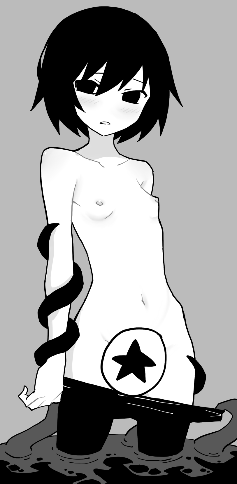1girl akableak blush breasts clothes_pull greyscale highres looking_at_viewer monochrome monogatari_(series) navel oshino_ougi owarimonogatari pantyhose pantyhose_pull parted_lips short_hair small_breasts solo tentacles topless