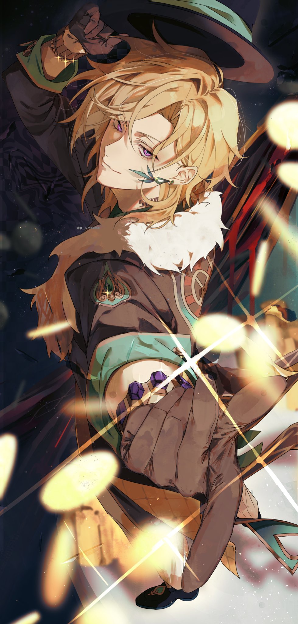 1boy aventurine_(honkai:_star_rail) black_gloves black_hat blonde_hair bracelet closed_mouth coat coin earrings fur_trim gloves hair_between_eyes hat highres honkai:_star_rail honkai_(series) jewelry looking_at_viewer male_focus multicolored_eyes p_umauma purple_eyes short_hair solo