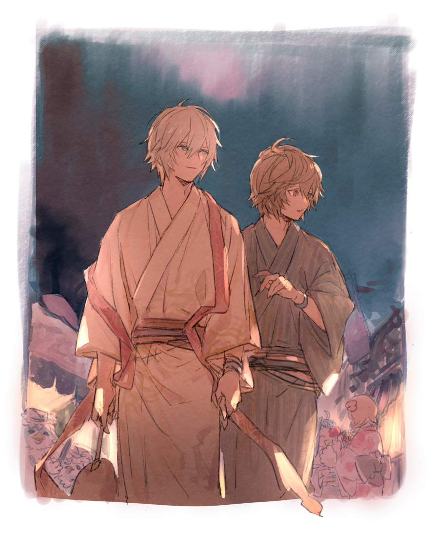 2boys 2girls 2others :d ahoge arms_at_sides belt bird blonde_hair blue_eyes blue_hair bracelet brown_hair candy_apple commentary_request djeeta_(granblue_fantasy) festival floral_print_kimono flower food fur-trimmed_kimono fur_trim granblue_fantasy grey_kimono hair_between_eyes hair_flower hair_ornament holding iwashi_(morpho000) japanese_clothes jewelry kimono looking_to_the_side lyria_(granblue_fantasy) messy_hair multiple_boys multiple_girls multiple_others new_year night night_sky obi parted_bangs profile red_eyes red_ribbon ribbon sandalphon_(granblue_fantasy) sash side-by-side sketch sky smile striped_clothes striped_kimono white_hair white_kimono wings yaoi