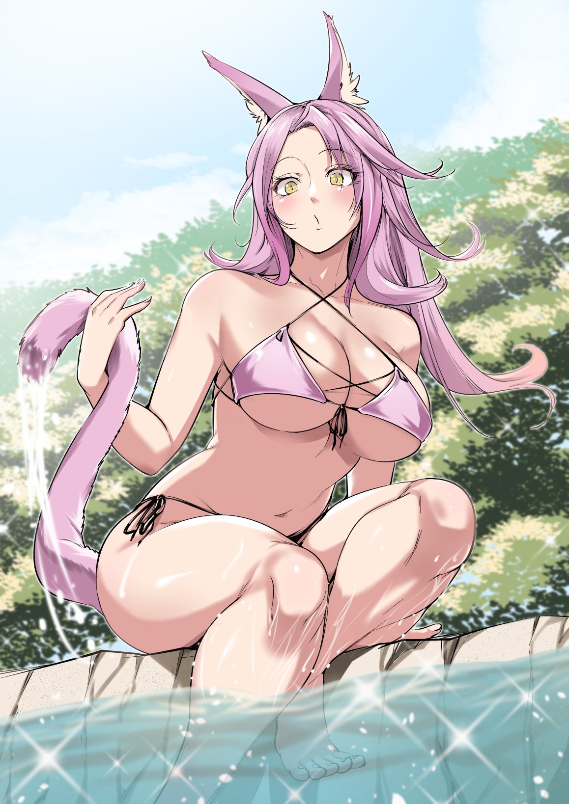 1girl animal_ear_fluff animal_ears aoi_takeru barefoot bikini breasts cat_ears commission duel_monster front-tie_bikini_top front-tie_top highres large_breasts long_hair navel pink_hair side-tie_bikini_bottom skeb_commission solo swimsuit tail tri-brigade_ferrijit_the_barren_blossom yellow_eyes yu-gi-oh!