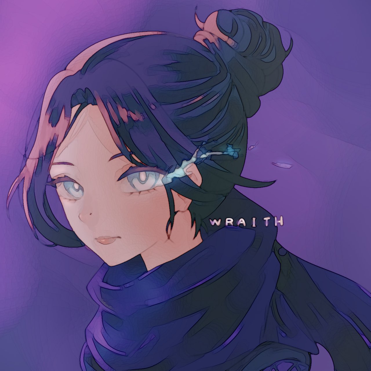 1girl animification apex_legends black_hair black_scarf blue_eyes character_name chimo_(rucchi16ren) expressionless hair_behind_ear hair_bun highres looking_at_viewer nose_piercing piercing pink_lips purple_background scarf single_hair_bun solo wraith_(apex_legends)