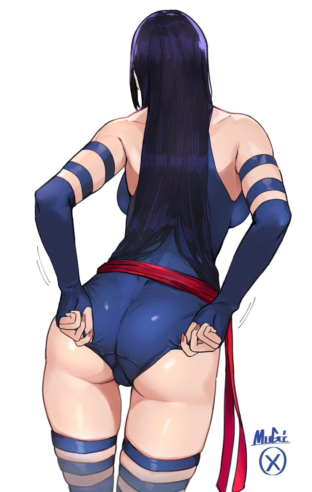 1girl adjusting_clothes animification ass ass_focus blue_leotard halter_leotard halterneck highleg highleg_leotard highres impossible_clothes impossible_leotard leotard long_hair marvel mugi_(mugit49) psylocke red_sash sash superhero_costume x-men x-men_(anime)