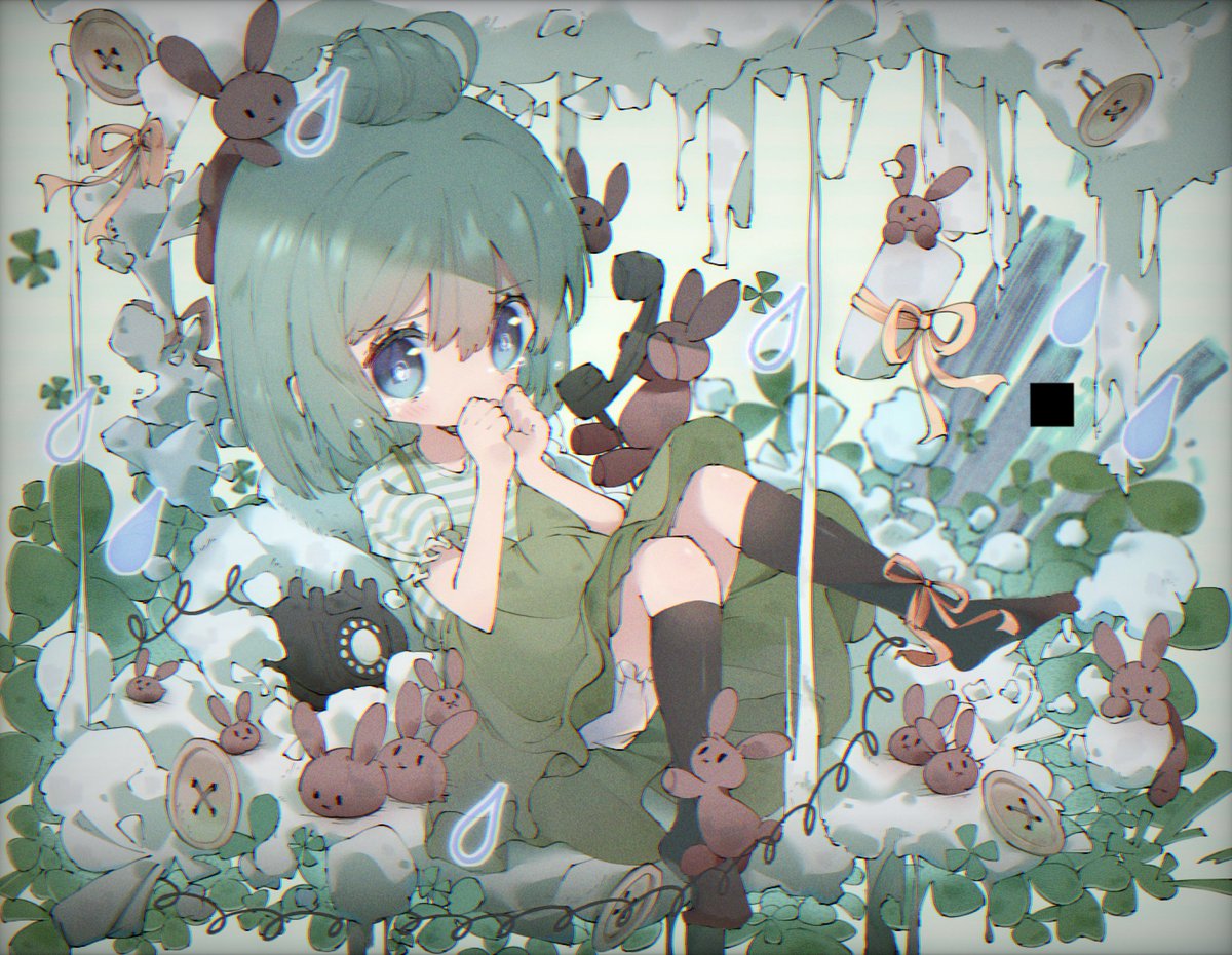 1girl alternate_costume alternate_hairstyle antique_phone aqua_hair bloomers blue_eyes blush brown_rabbit buttons cloud clover covered_mouth covering_own_mouth four-leaf_clover hair_bun hatsune_miku hello/how_are_you_(vocaloid) kneehighs miku_day n_u phone rabbit ribbon rotary_phone shirt single_hair_bun skirt socks striped_clothes striped_shirt stuffed_animal stuffed_toy suspender_skirt suspenders teardrop tearing_up vocaloid white_bloomers yellow_ribbon