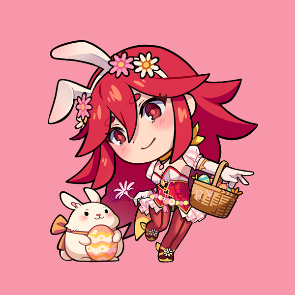 1girl animal_ears basket breasts chibi chibi_only cleavage closed_mouth cordelia_(fire_emblem) cordelia_(spring)_(fire_emblem) easter_egg egg elbow_gloves english_commentary fake_animal_ears fire_emblem fire_emblem_awakening fire_emblem_heroes flower full_body gloves hair_between_eyes hair_flower hair_ornament holding holding_basket holding_egg kaijuicery long_hair official_alternate_costume pantyhose pink_background puffy_short_sleeves puffy_sleeves rabbit rabbit_ears red_eyes red_hair red_pantyhose short_sleeves smile very_long_hair white_gloves